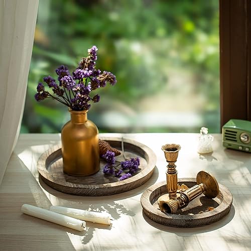 Vista 16 de Bandeja decorativa de madera: bandeja redonda de madera Romadedi para decoración del hogar, bandejas rústicas blanqueadas para mesa de comedor