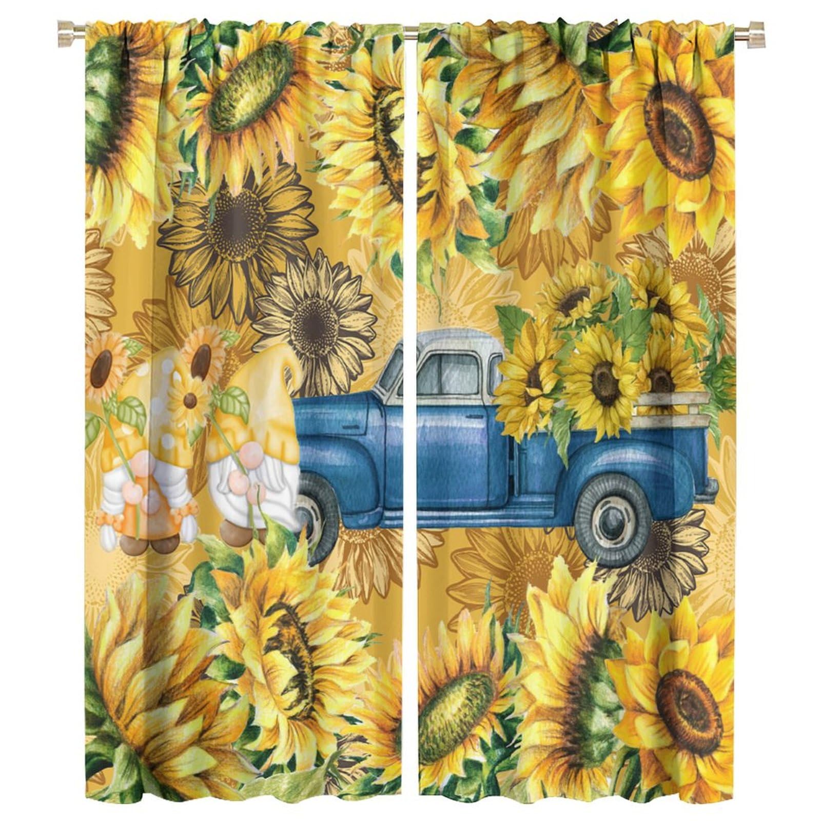BenYaSong Sunflower Blackout Curtain Farmhouse Gnome Truck Curtain Countryside Rustic Flowers for Home Kitchen Restaurant Decoration Window Curtain 2 Panels 42x54 Inch
