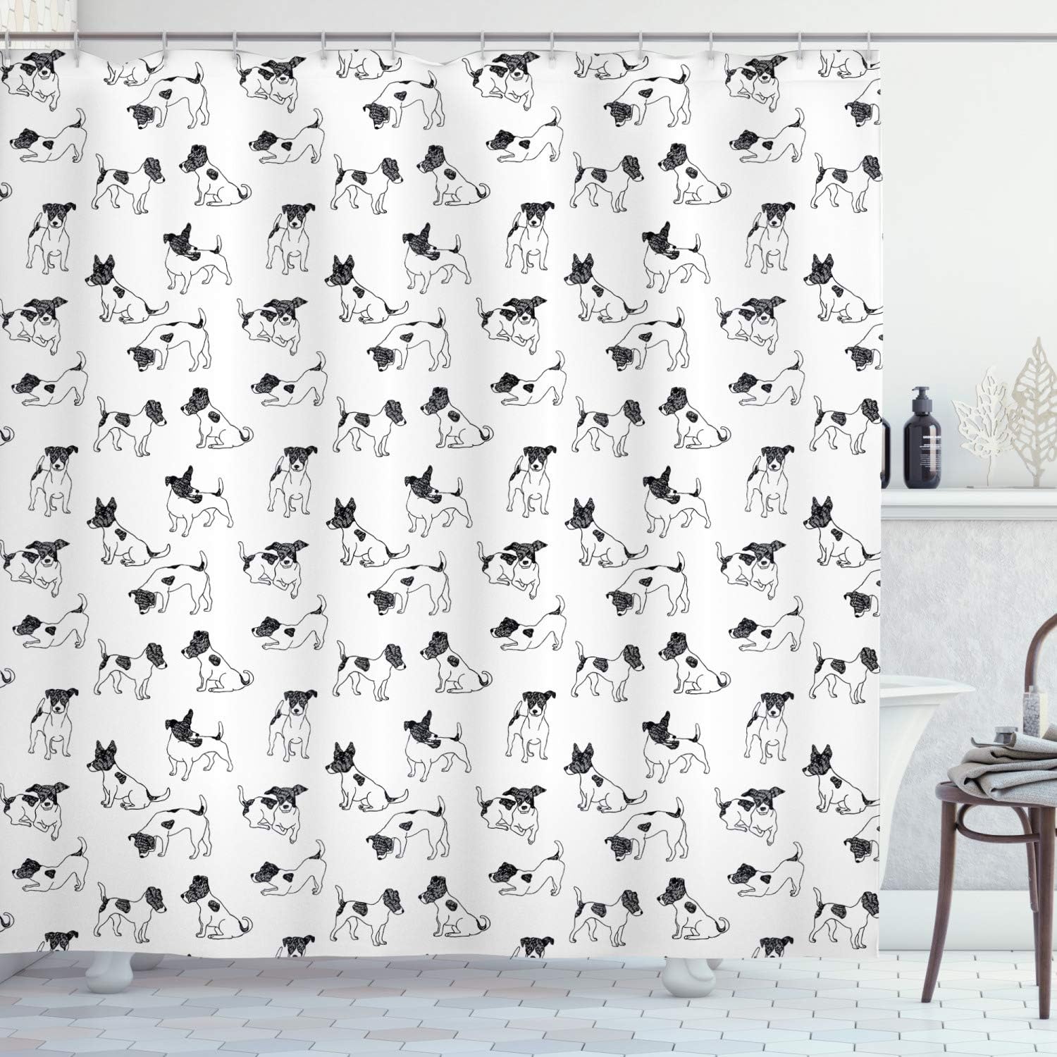 Ambesonne Dog Lover Shower Curtain, Sketch Style Hand Drawn Jack Russell Terrier Doodles in Various Stances Purebred, Cloth Fabric Bathroom Decor Set with Hooks, 69" W x 75" L, Charcoal White