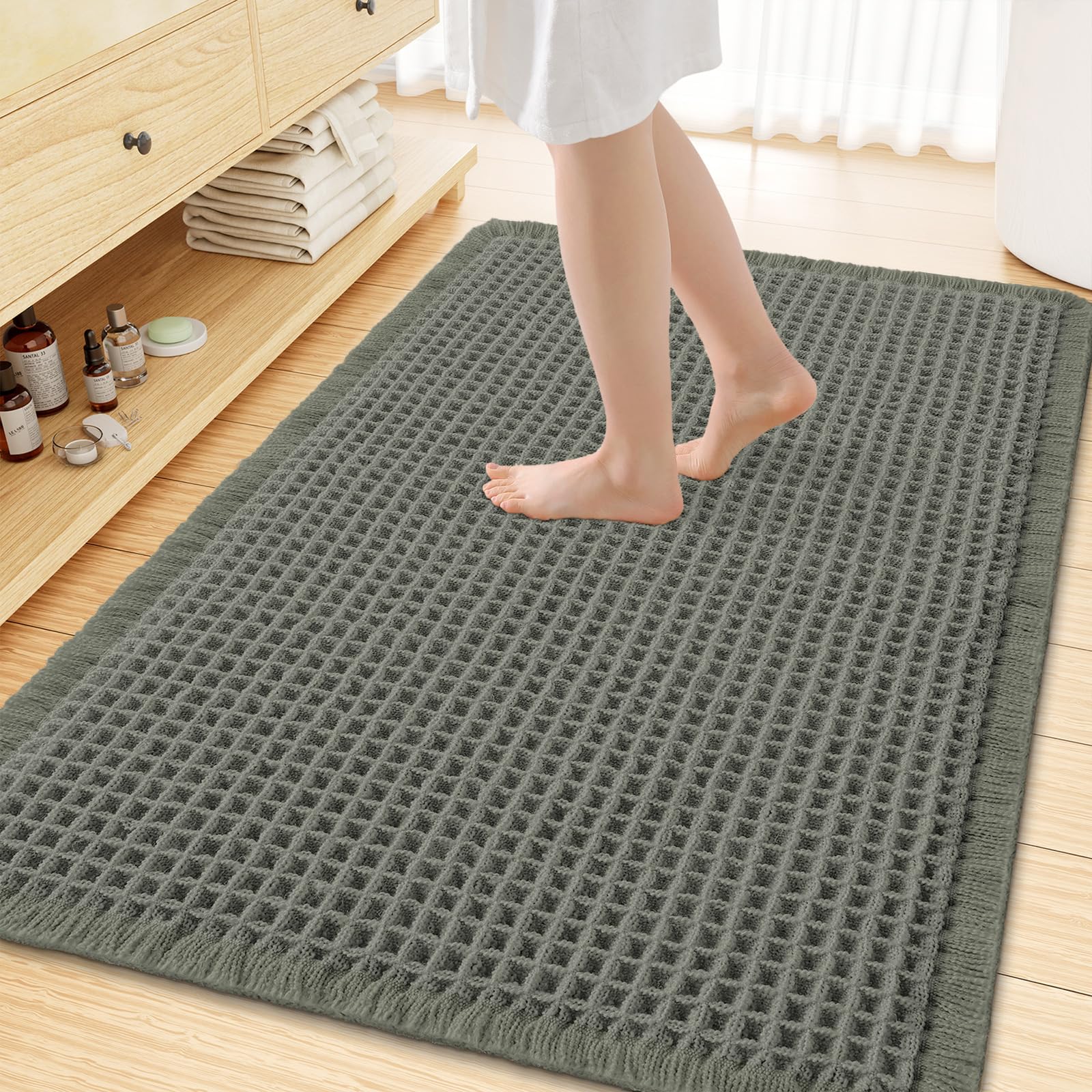 Smiry Waffle Bath Mat 59X35, Extra Soft Absorbent Bathroom Rugs, Green