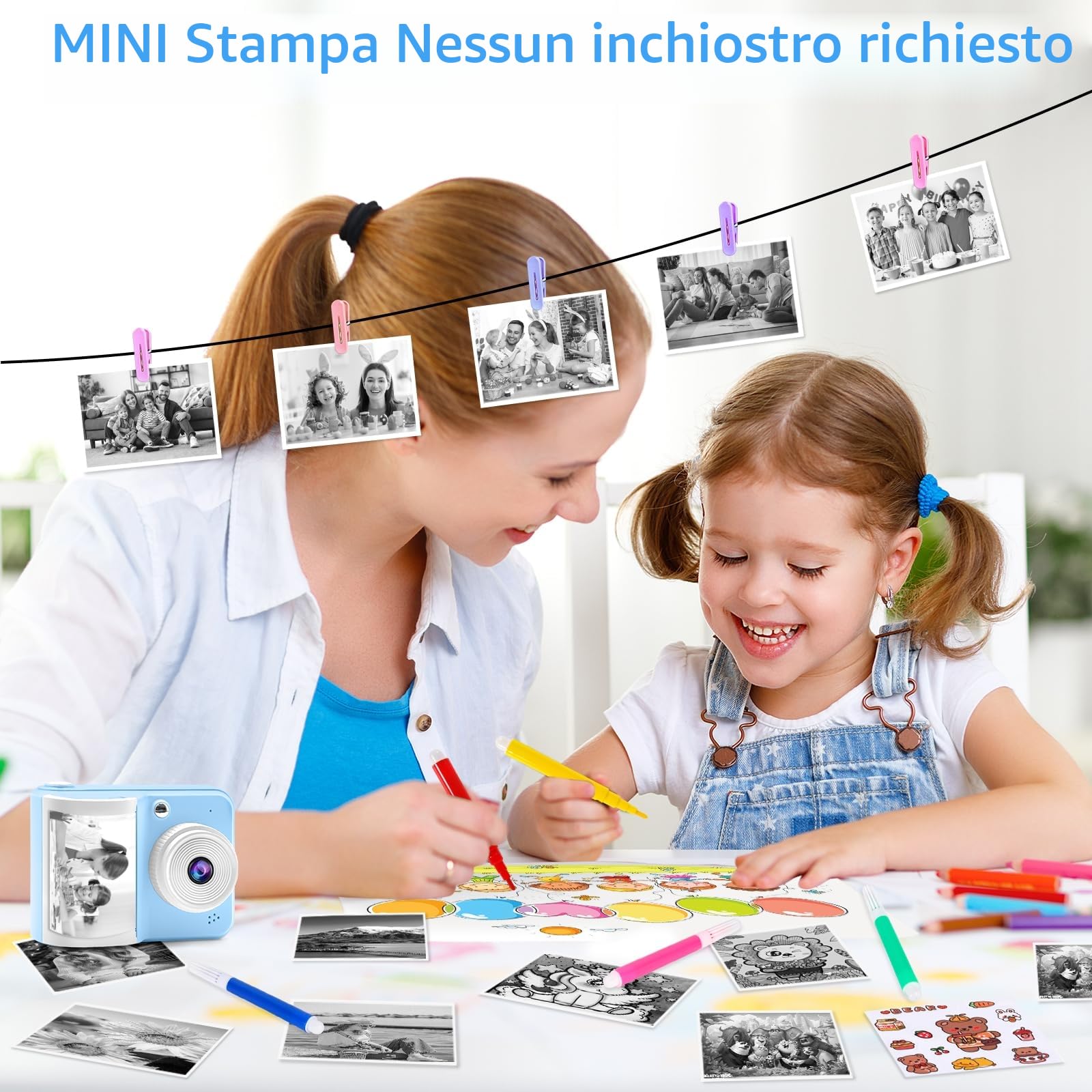 Fotocamera Digitale Istantanea con Carta da Stampa & Scheda TF 32G, Videocamera con Penne Colorate per Fai Da Te Cappelli Costume Accessorio Costume