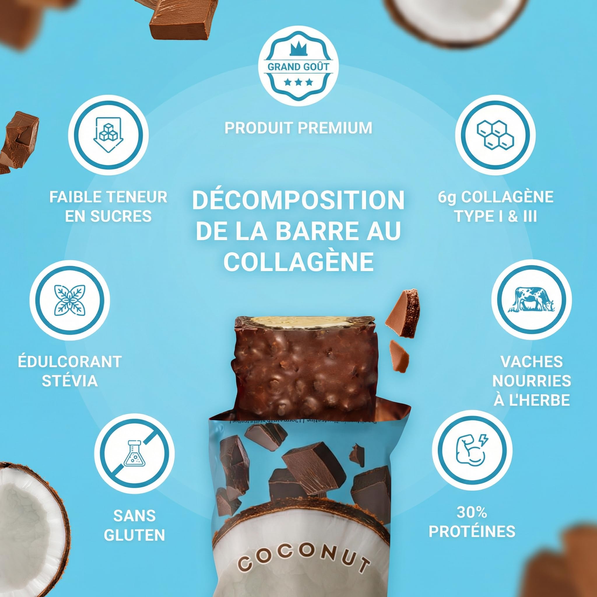 RiceUP! Barre Protéinée Noix de Coco au Collagène – 30% Protéines, 6000 mg Collagène Type I & III, Sans Sucre Ajouté, Moins de 215 kcal – Snack Protéiné 12 x 42 g