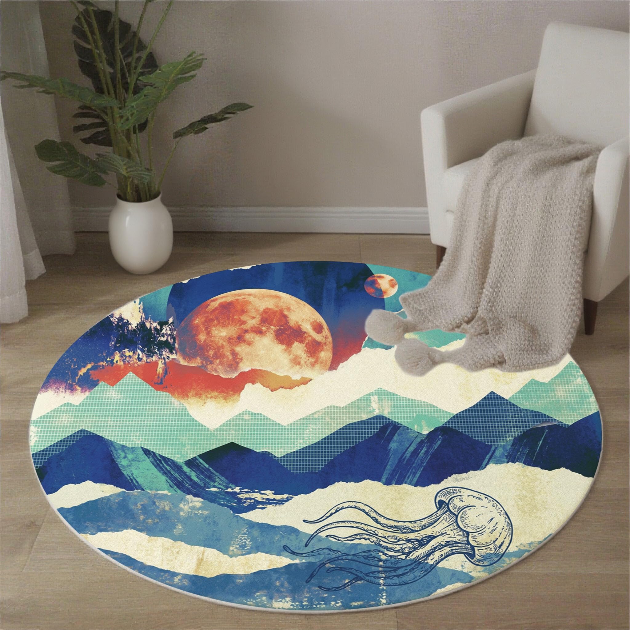 Tapis Rond Imprimé Lune Montagnes Méduses, Résumé Collage Antidérapant Décoration Bleu Tapis de Sol, pour Chambre d'enfant Salle de Jeux Salon Chambre Cuisine Balcon 100cm