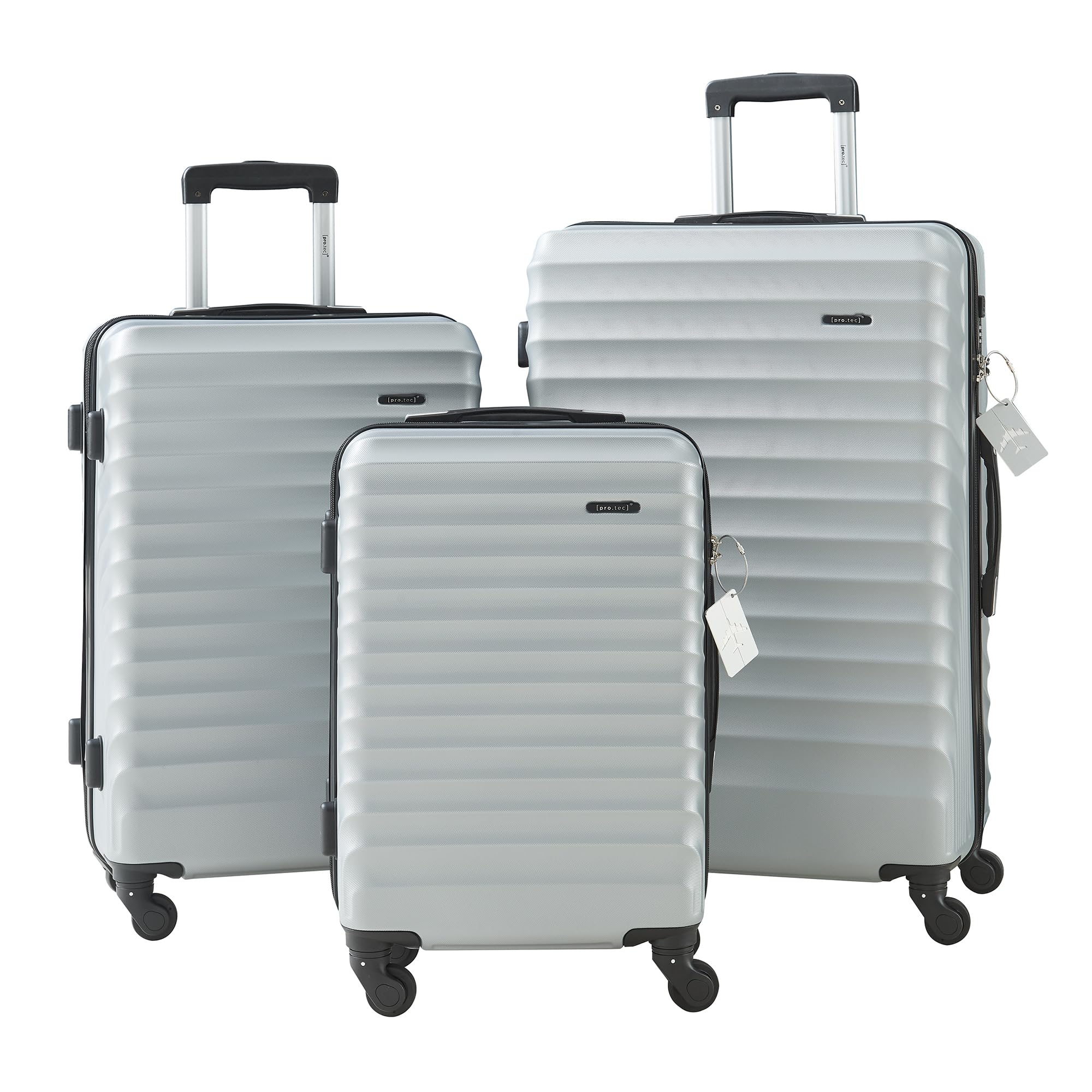 pro.tec Set di 3 Valigie Rigide di Diverse Misure S/M/L con Manico Telescopico Set Trolley a 4 Ruote con Chiusura TSA e Bilancia Pesa-Bagagli 40/70/100 L - Grigio Chiaro