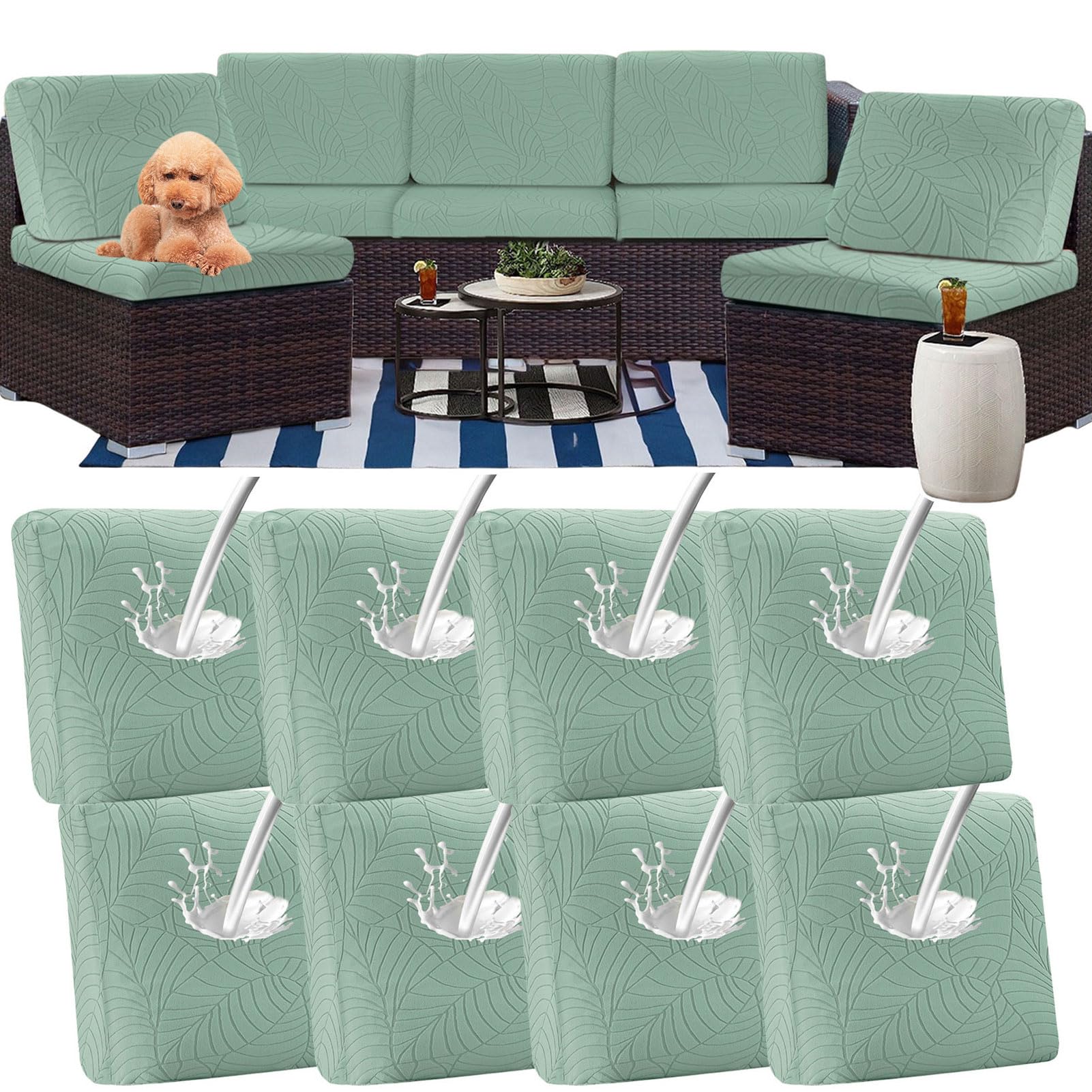 ZGDDPZA 1/2/3/4/8PCS Stretch Patio Sofa Seat Cushion Cover Outdoor TPU Waterproof Replacement Slipcovers Outdoor Elastic Leaf Pattern Textured Porch