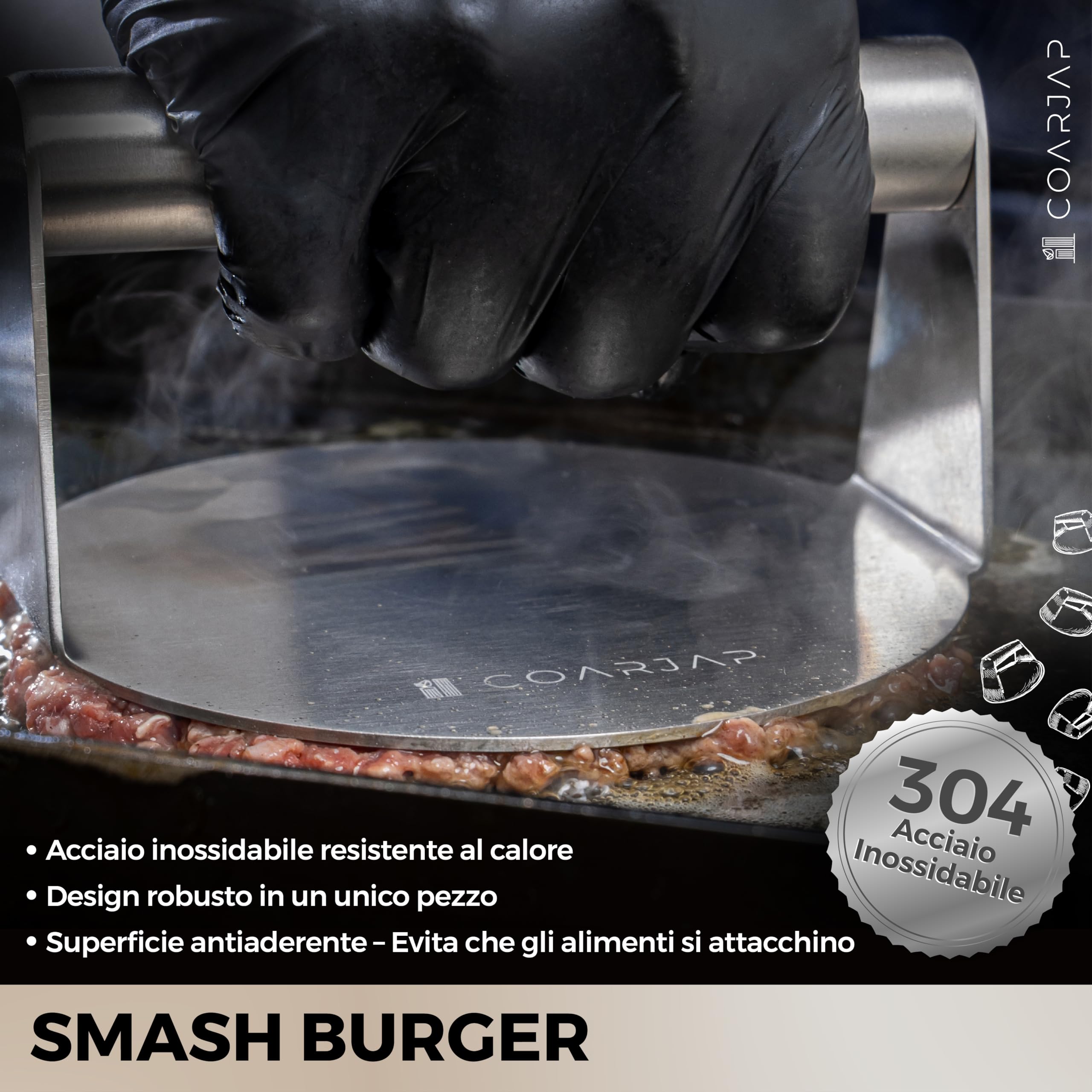 Smash Burger Press Kit – Include 1 Pressa per Hamburger, 1 Spatola, 2 Cloche per Hamburger e 1 Spargi Spezie – Certificato UE per Contatto con Alimenti
