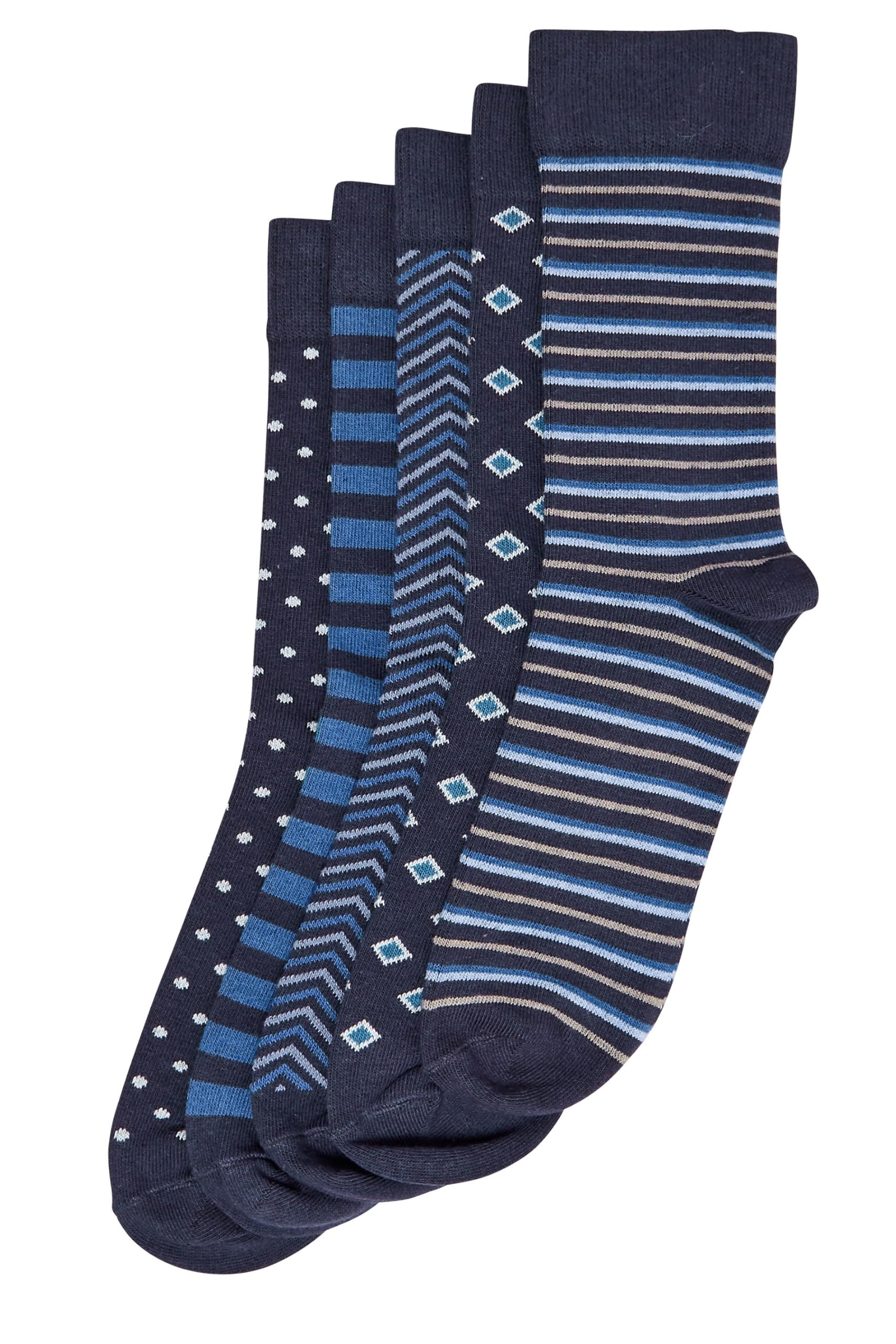 Badrhino Men's Navy 5 Pack Blue Stripe & Spot Print Ankle Socks - Plus Size Curve