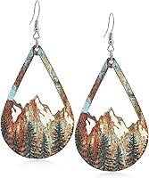 Handmade Boho Wooden Mountain Dangle Earrings with Tree Pattern - Lightweight Vintage Nature Drop Earrings for Women