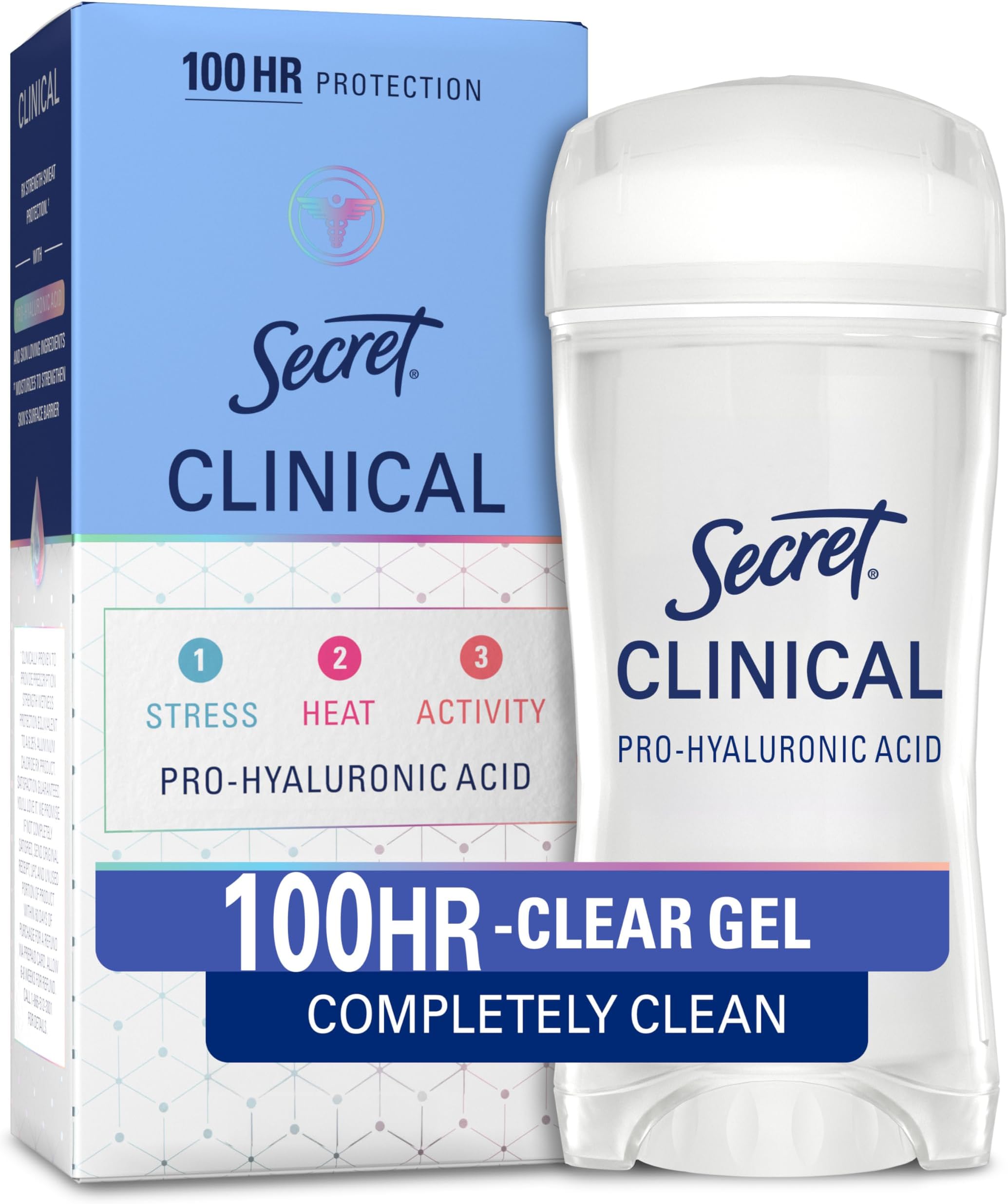 Secret Clinical Strength 100HR Sweat & Odor, Clear Gel Antiperspirant Deodorant for Women, 3X Stress Protection with Hyaluronic Acid, PH Balancing Minerals, Completely Clean Scent, 2.6 oz