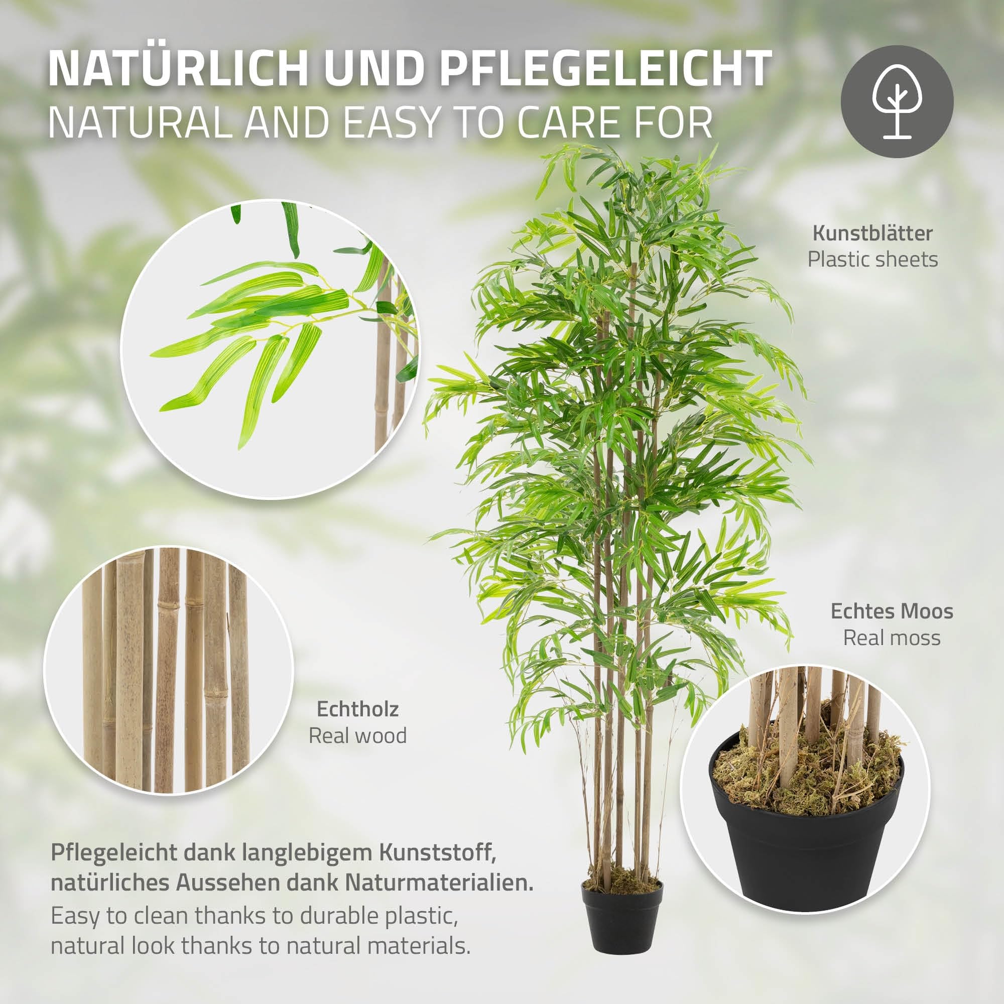 180cm Kunstmatige Bamboeplant met 7 Stammen van Natuurlijk Hout, Grote