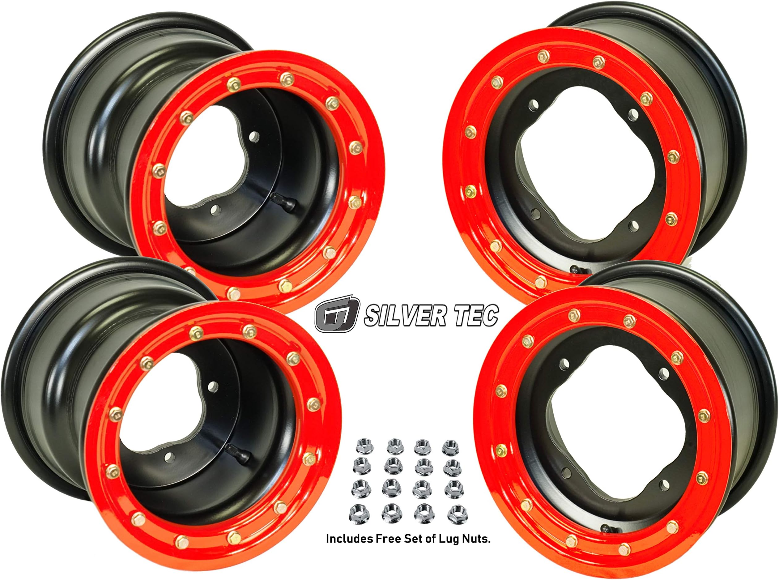 Goldspeed Full Set of 10x5 3+2 4x144 & 9x8 3+5 4x110 ATV Beadlock Rims for Honda TRX 450 (Red)