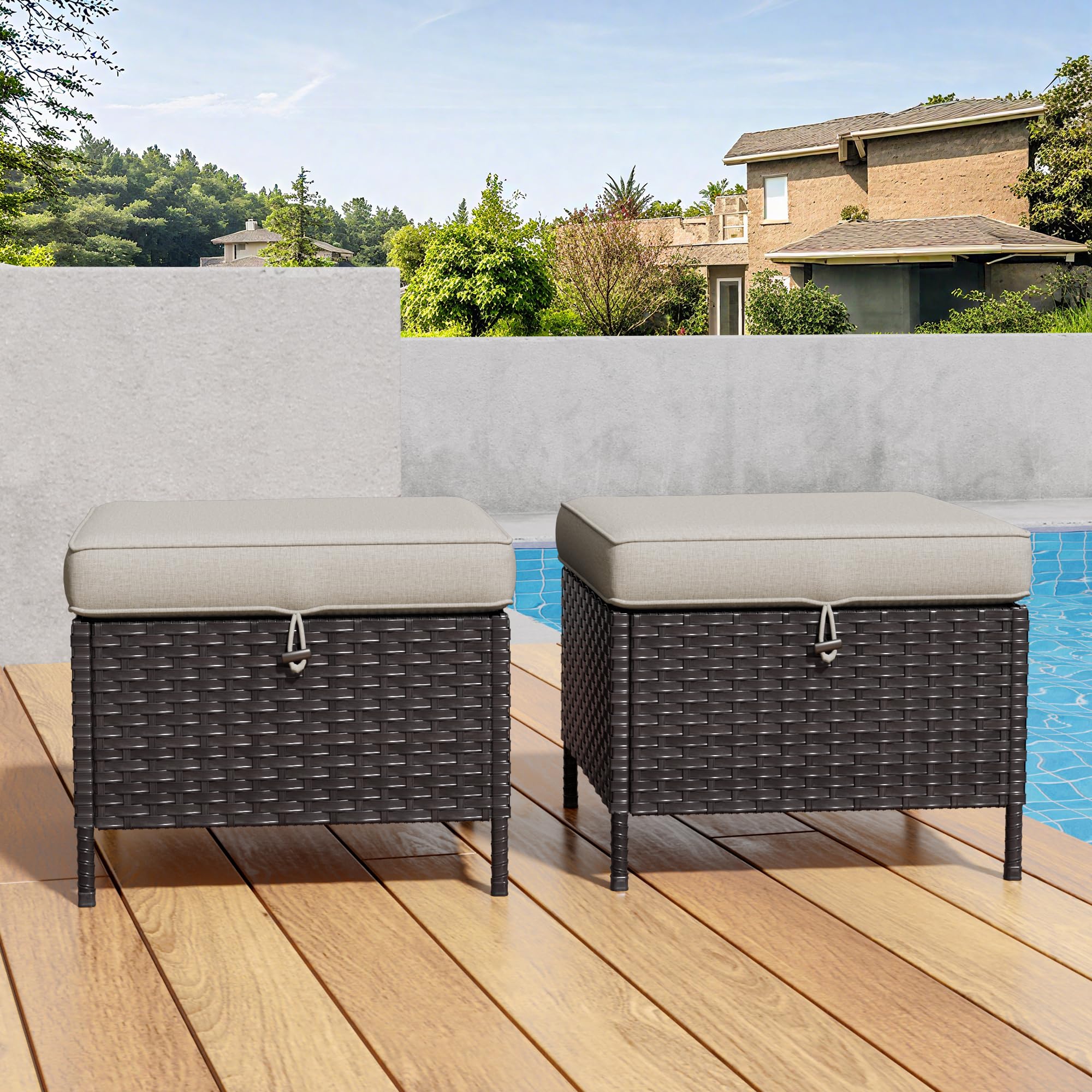 MeetLeisure Patio Wicker Ottomans with Removable and Washable Covers, PE Rattan Outdoor Footstools for Porch, Sunroom (Beige)