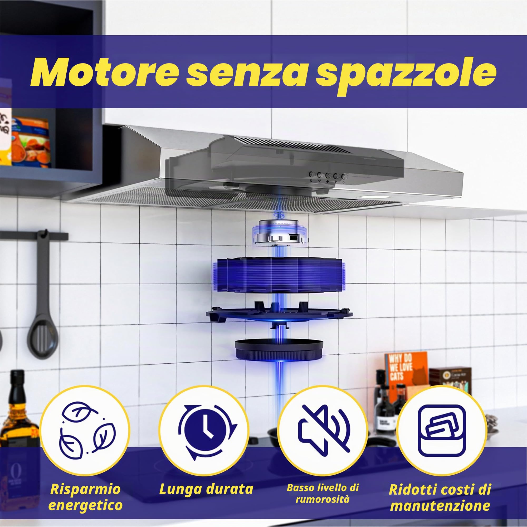 FIREGAS Cappaaspirante 60 cm, LED, 3 livelli di potenza, potente cappa, cofano efficiente con motore brushless, filtro antigrasso e filtro a carbone