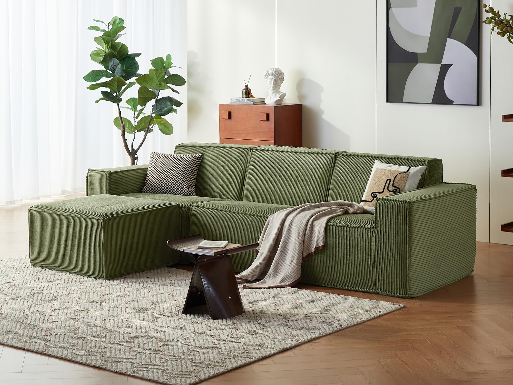 LINSY HOME Corner Sofa with Sleep Function - 266 cm Modular Sofa Bed, L Shape Couch, Sectional Sofas for Living Room, No Assembly Required ⟮Corduroy, Olive Green, 3 Seats with Ottoman⟯