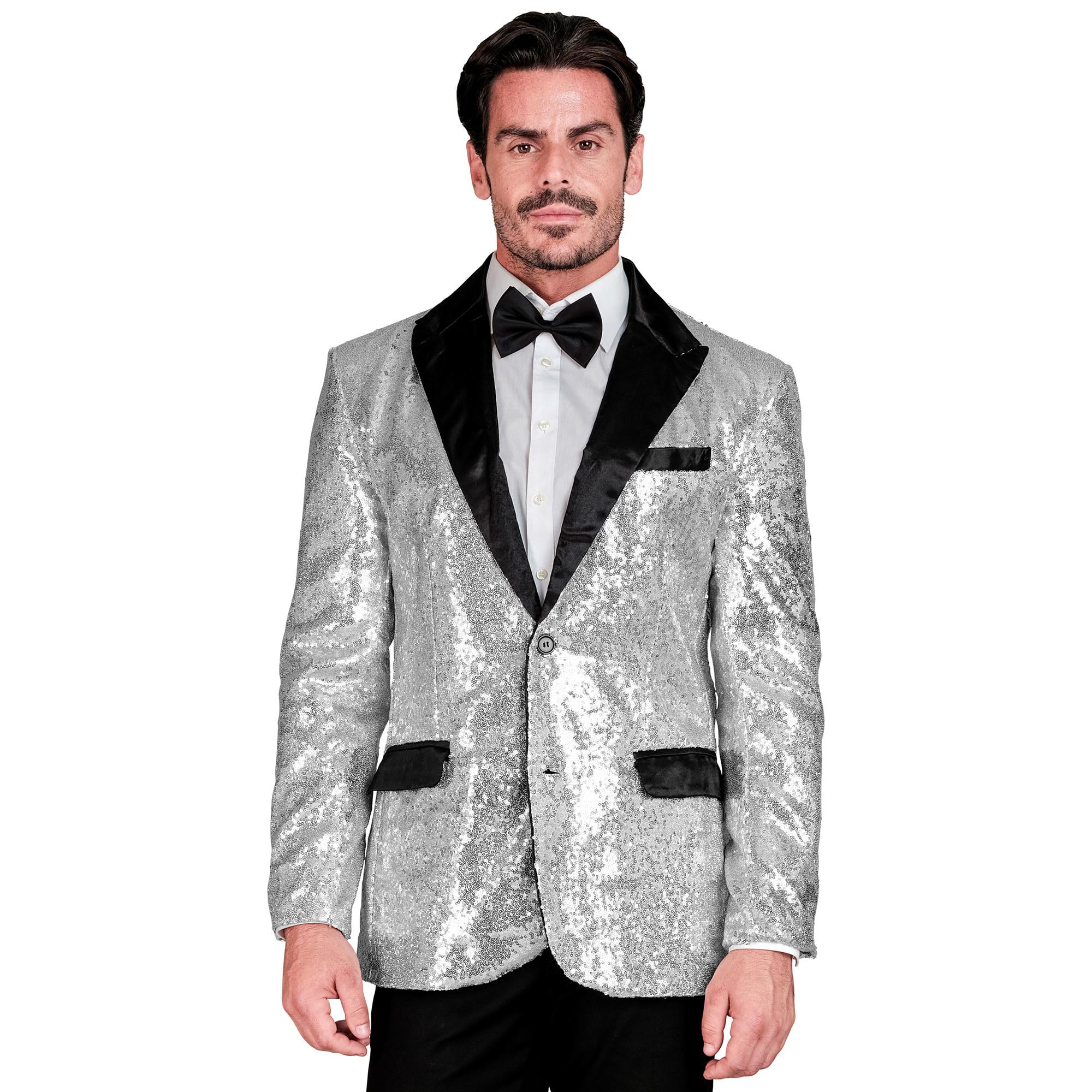 Widmann W MILANO Party Fashion - Party Fashion Men's Satin Disco Fever Strike Move Sequin Jacket, Silver, XXL - Image 2