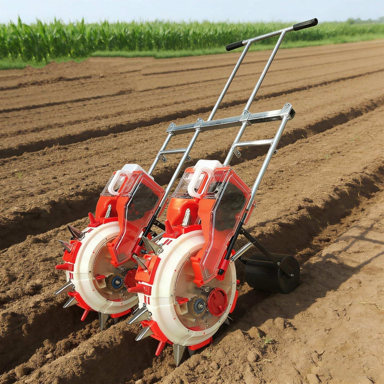 Seminatrice a Rullo Manuale, seminatrice per orto con Ruota di pressatura, spaziatura Regolabile per Semina e concimazione, per Giardino e Fattoria(7 nozzles)