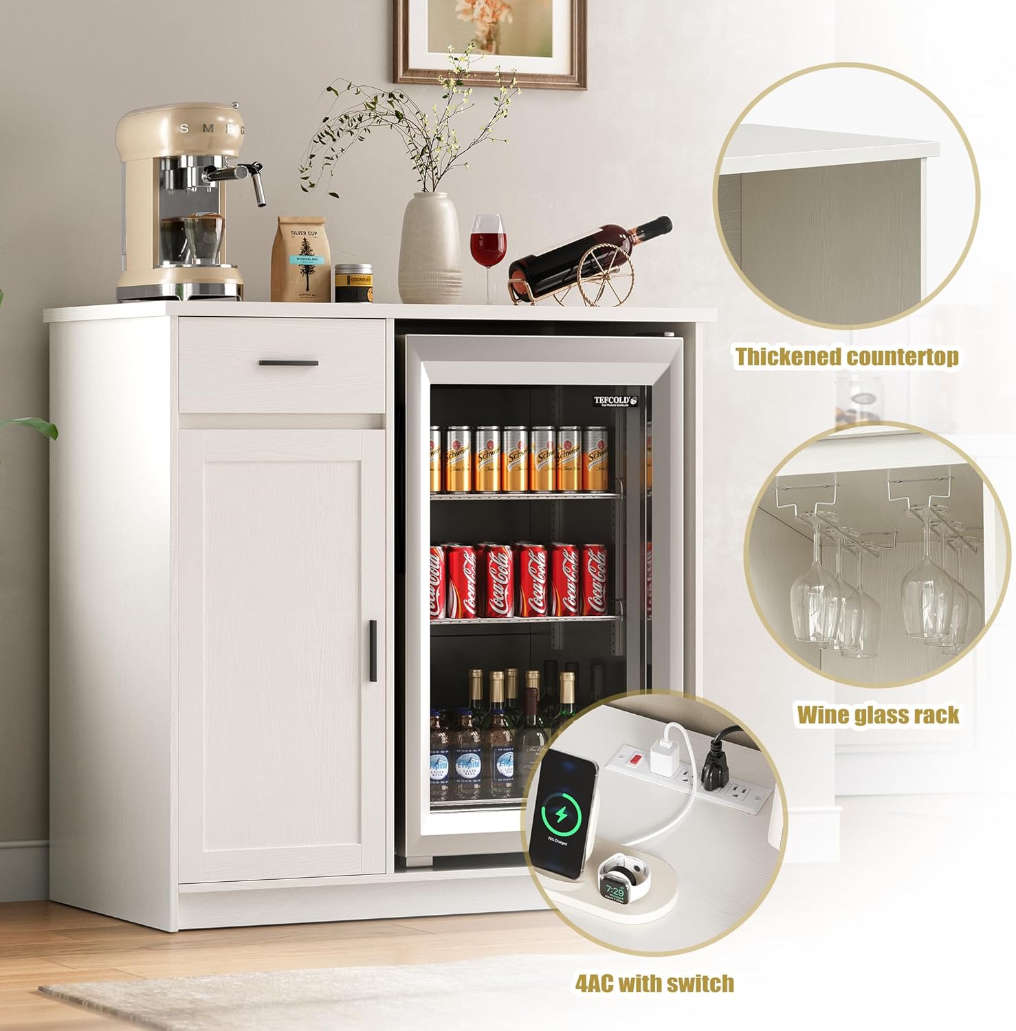 Mini Fridge Cabinet,Coffee Bar Cabinet with Fridge Space & Wine Storage with Outlets,Fits 24" Fridge,Mini Fridge Stand,Buffet Sideboard Table Wine Cabinet for Kitchen Dining Room White KH05MRW