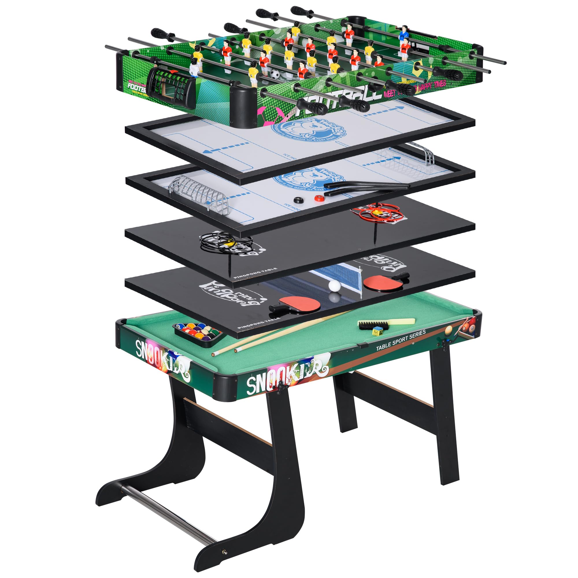 HOMCOM Mesa Multijuegos 6 en 1 Plegable para Niños de 7+ Años Mesa de Juegos Billar Futbolín Ping Pong Aro de Lanzamiento Hockey sobre Hielo Aire Hockey 118x104x71 cm Multicolor