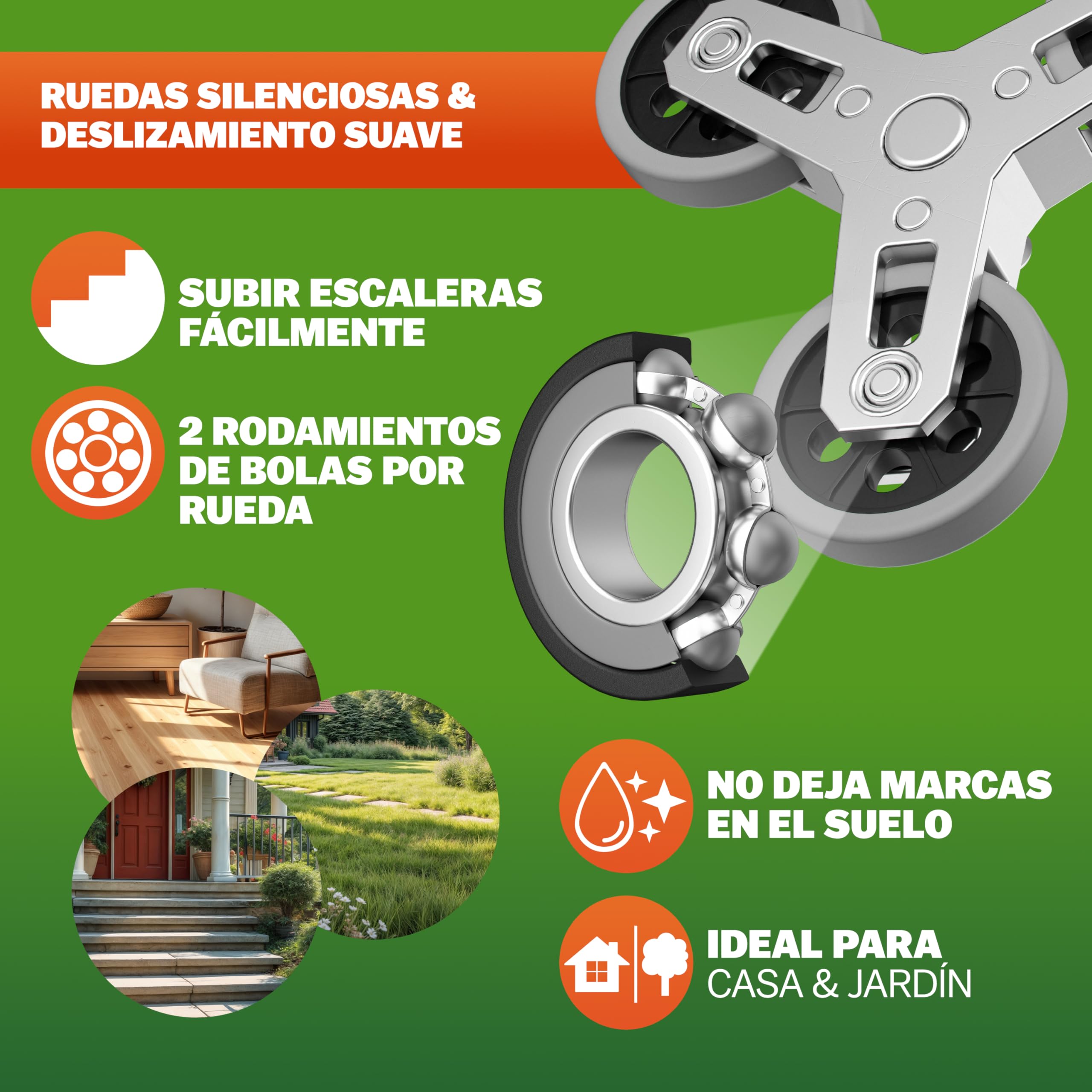 GARDEBRUK® Carretilla Plegable para Subir Escaleras hasta 80Kg Carro Transporte Mudanzas Aluminio Altura Regulable Ruedas Goma Maciza Incl. Guantes y Cuerdas Elásticas