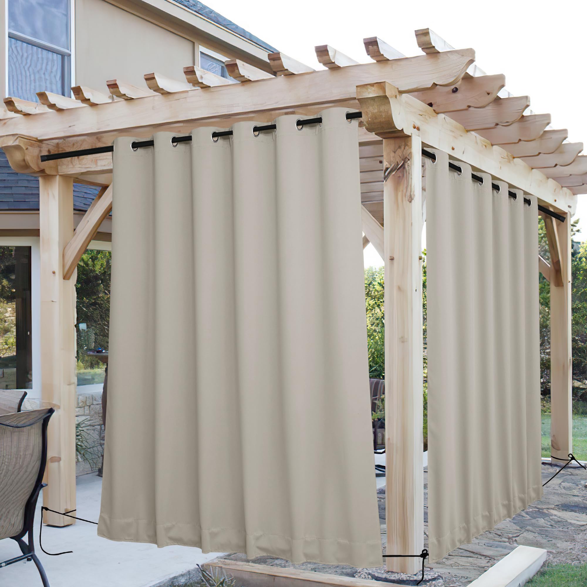 nicetown 2 panels outdoor curtains for patio extra wide 84", waterproof & windproof grommet & back tab fixed top and bottom sun blocking privacy drapes with rope for gazebo, natural, w84 x l108