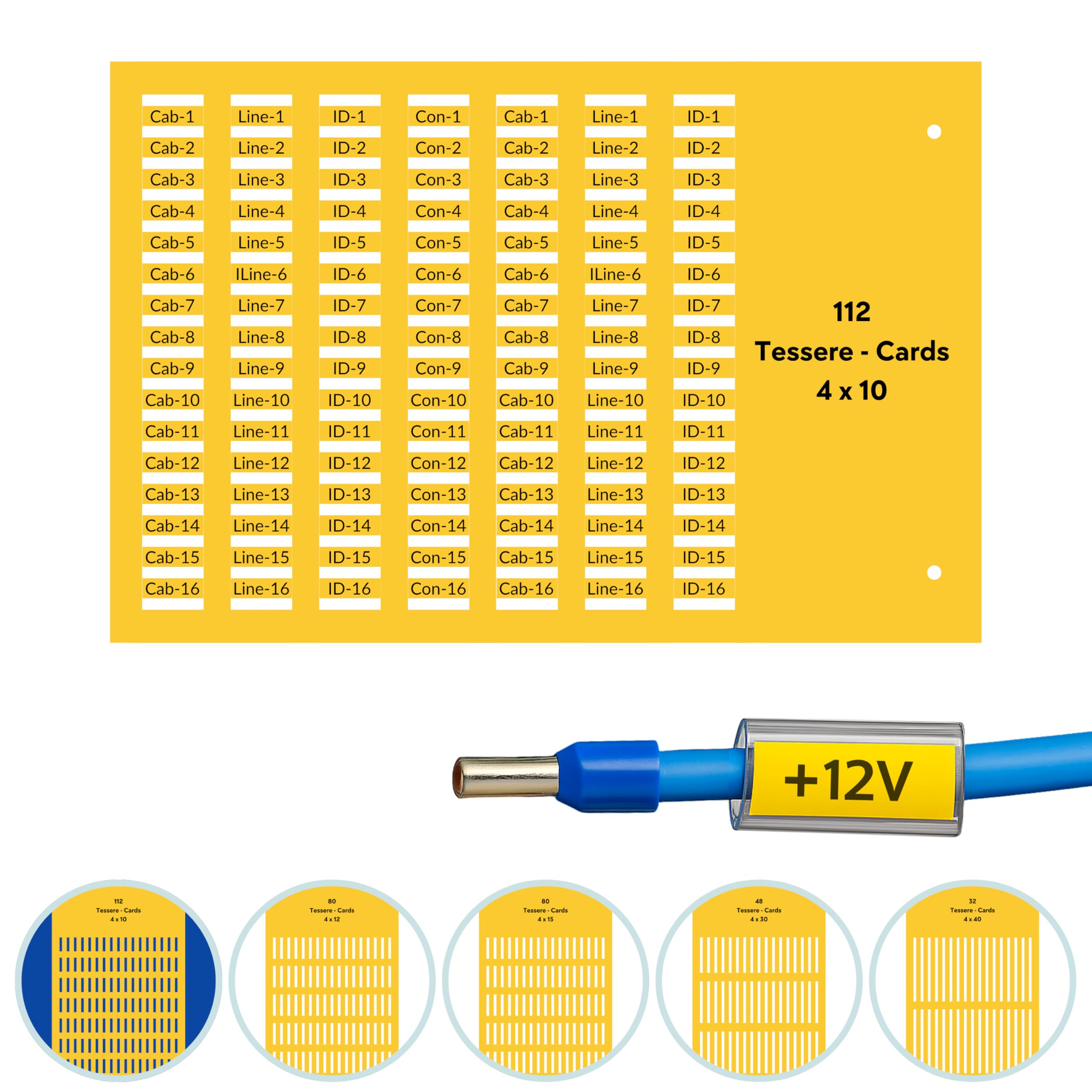 25 Card Targhette Segnacavo 4x10 FLAT 2800 tessere • PVC 0,5 mm (112×25 schede) • Per Tubetti da 0,5 mm • Compatibile con cod. 42040B Cembre • Giallo • RIDOTTO