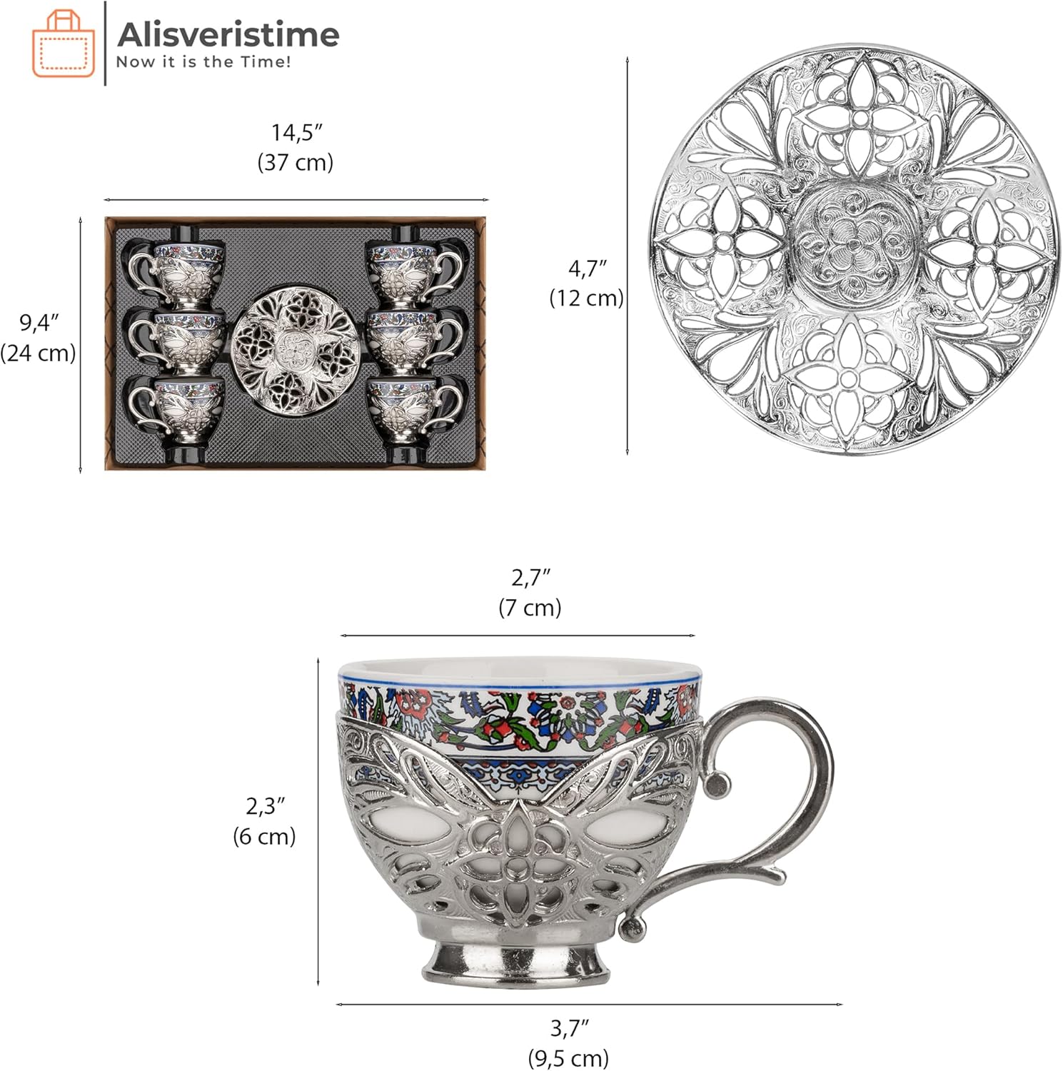 Alisveristime Turkish Coffee Set for Six, 6 Topkapi Design Porcelain Cups with Zamac Holders and Saucers, Two Color Variations: Gold and Silver (Topkapi-Design) (Silver) - Image 3