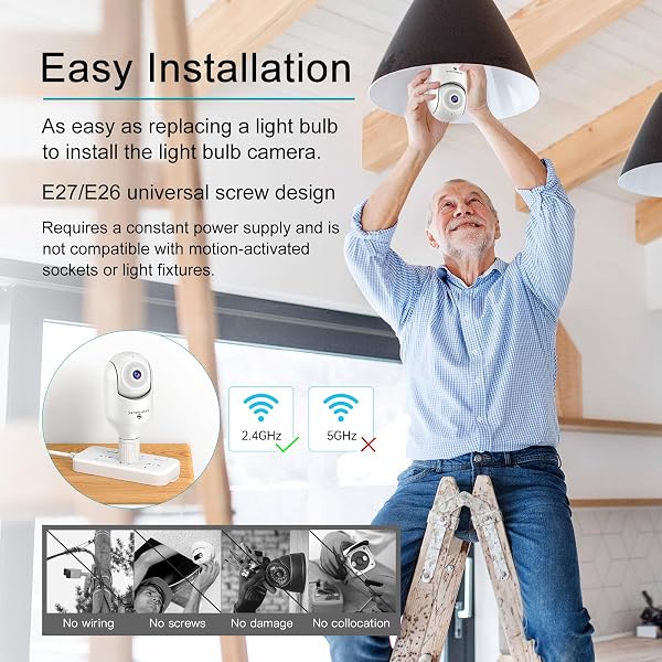 SYMYNELEC Light Bulb Security Camera: Outdoor Wireless WiFi Light Socket Security Cam 360 AI Motion Detection Auto Tracking 2K Color Night Vision 2-Way Talk Siren (2.4GHz Only) - 2