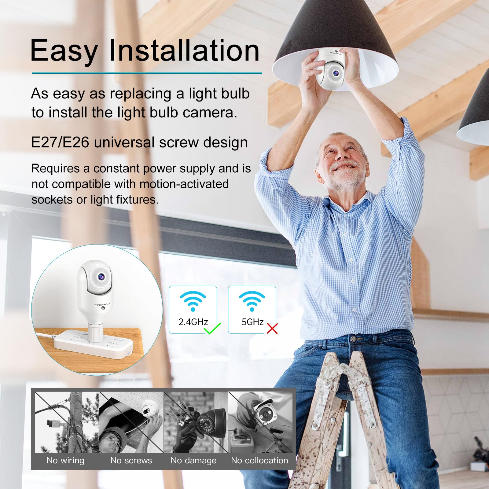SYMYNELEC Light Bulb Security Camera: Outdoor Wireless WiFi Light Socket Security Cam 360 AI Motion Detection Auto Tracking 2K Color Night Vision 2-Way Talk Siren (2.4GHz Only) — view 2