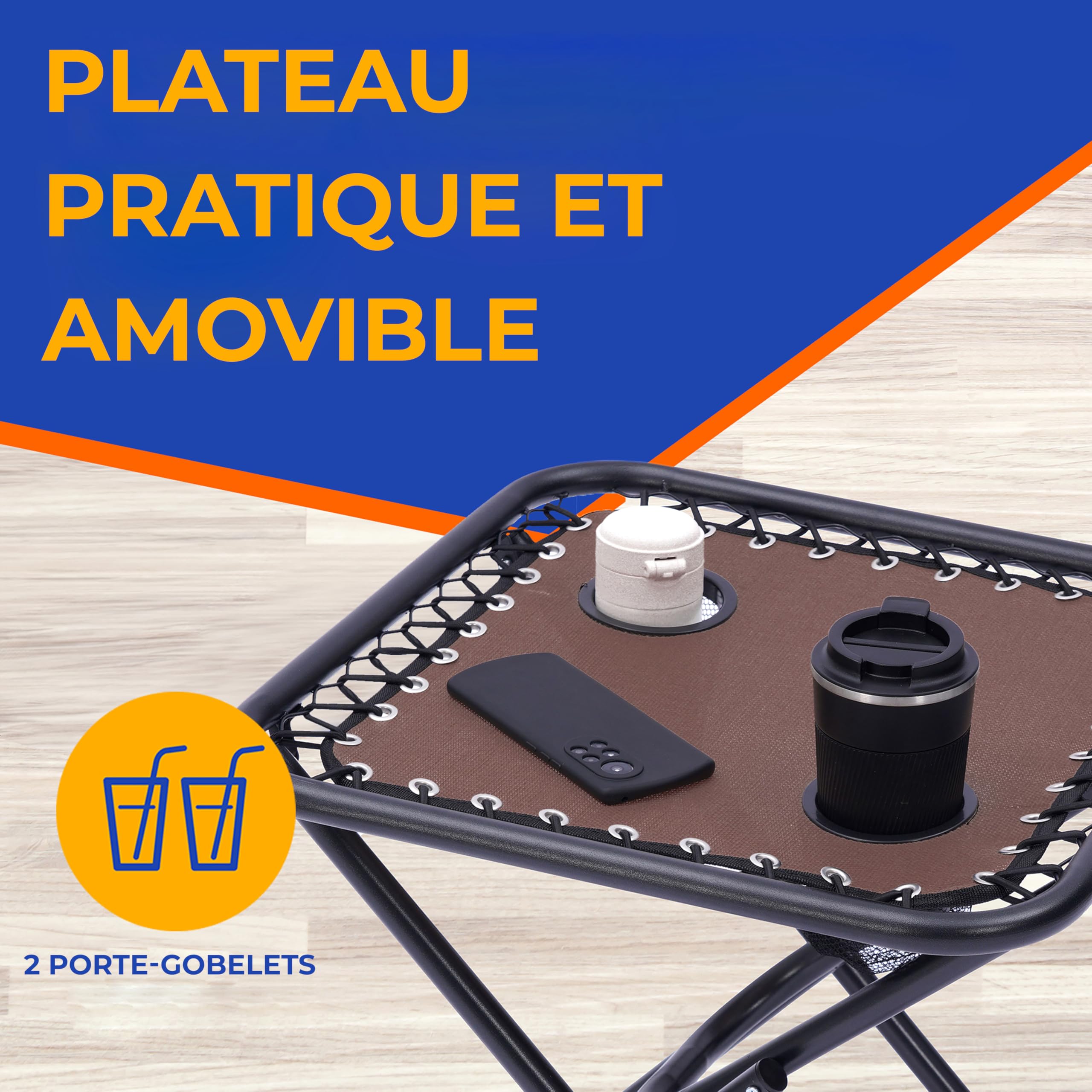 SereneLife Set de 2 Chaises Pliantes - Chaise Longue Réglable pour Extérieur avec Table Latérale, Porte-Gobelets, Oreillers Amovibles - Patio, Jardin, Plage - Marron