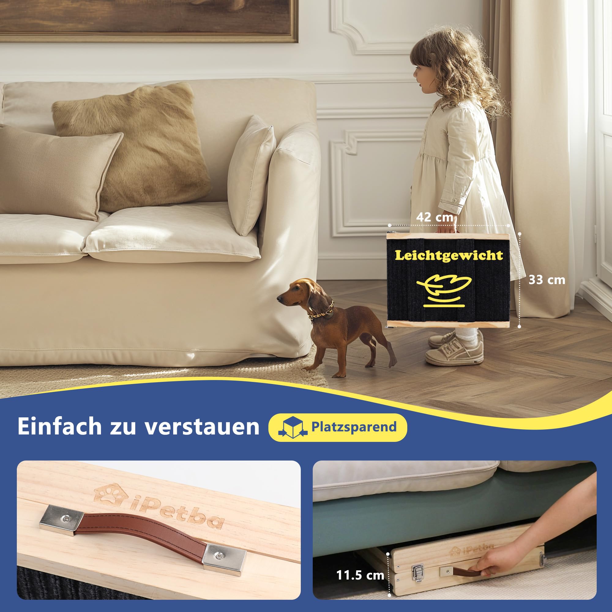 Hunderampe für Sofa und kleine Hunde bis 16 kg, Rampe für Couch und niedrige Möbel, aus Holz, höhenverstellbar, klappbar, rutschfest