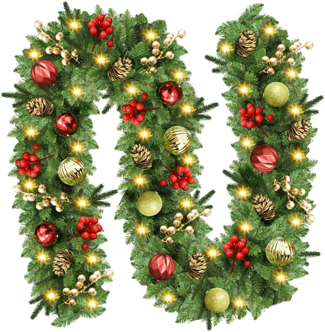 Christmas Garland with Lights, 9FT Prelit Christmas Garland Battery Operated Christmas Wreath with Pine Cones, Red Berries, Artificial Xmas Garland for Mantle, Fireplace, Stairs, Outdoor Decorations Green