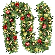 Christmas Garland with Lights, 9FT Prelit Christmas Garland Battery Operated Christmas Wreath with Pine Cones, Red Berries, Artificial Xmas Garland for Mantle, Fireplace, Stairs, Outdoor Decorations