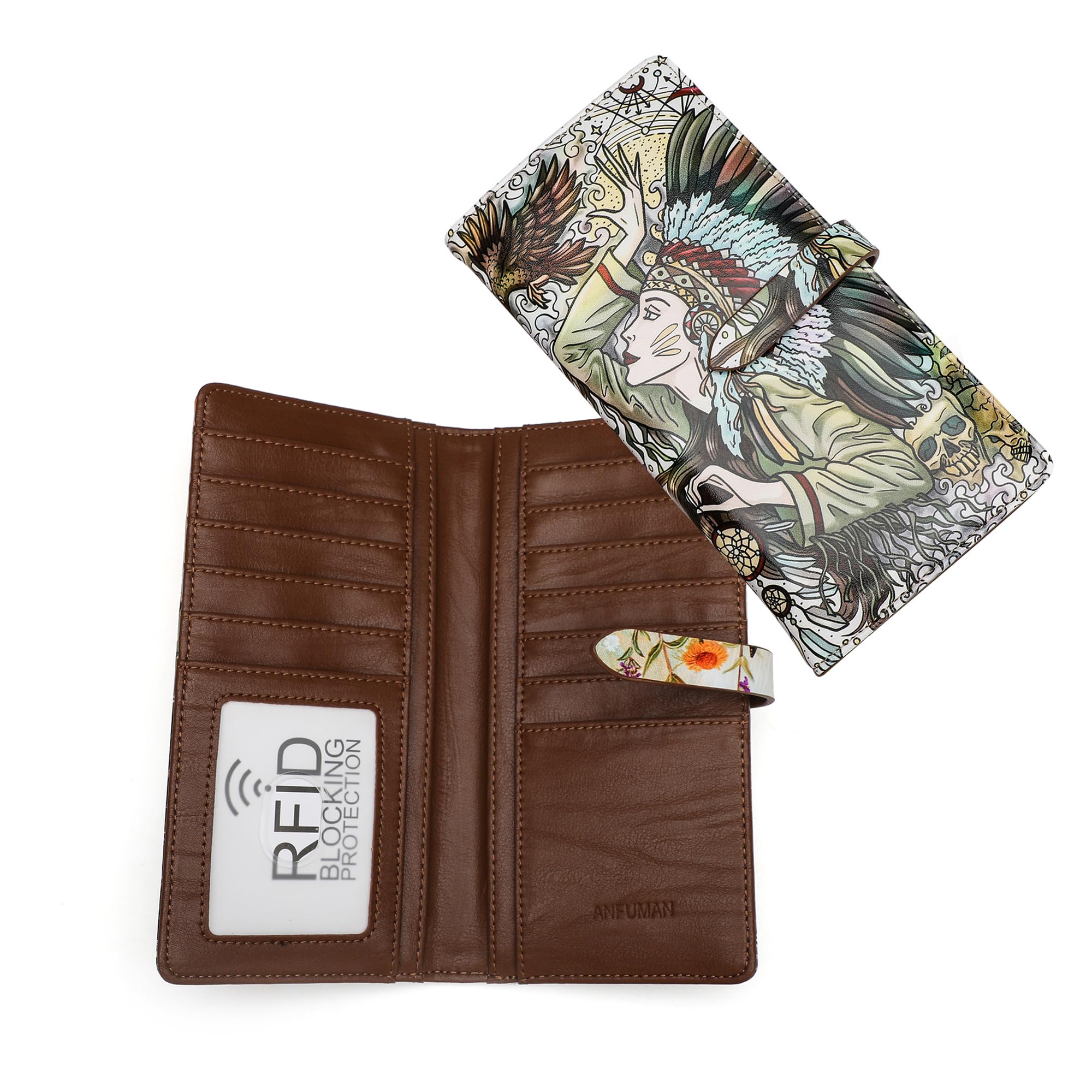 ANFUMAN Slim Wallets for Women Credit Card Holder RFID Bifold Clutch Long Ladies Billfold Wallets with Zipper Coin Pocket ID Window Special Tribe
