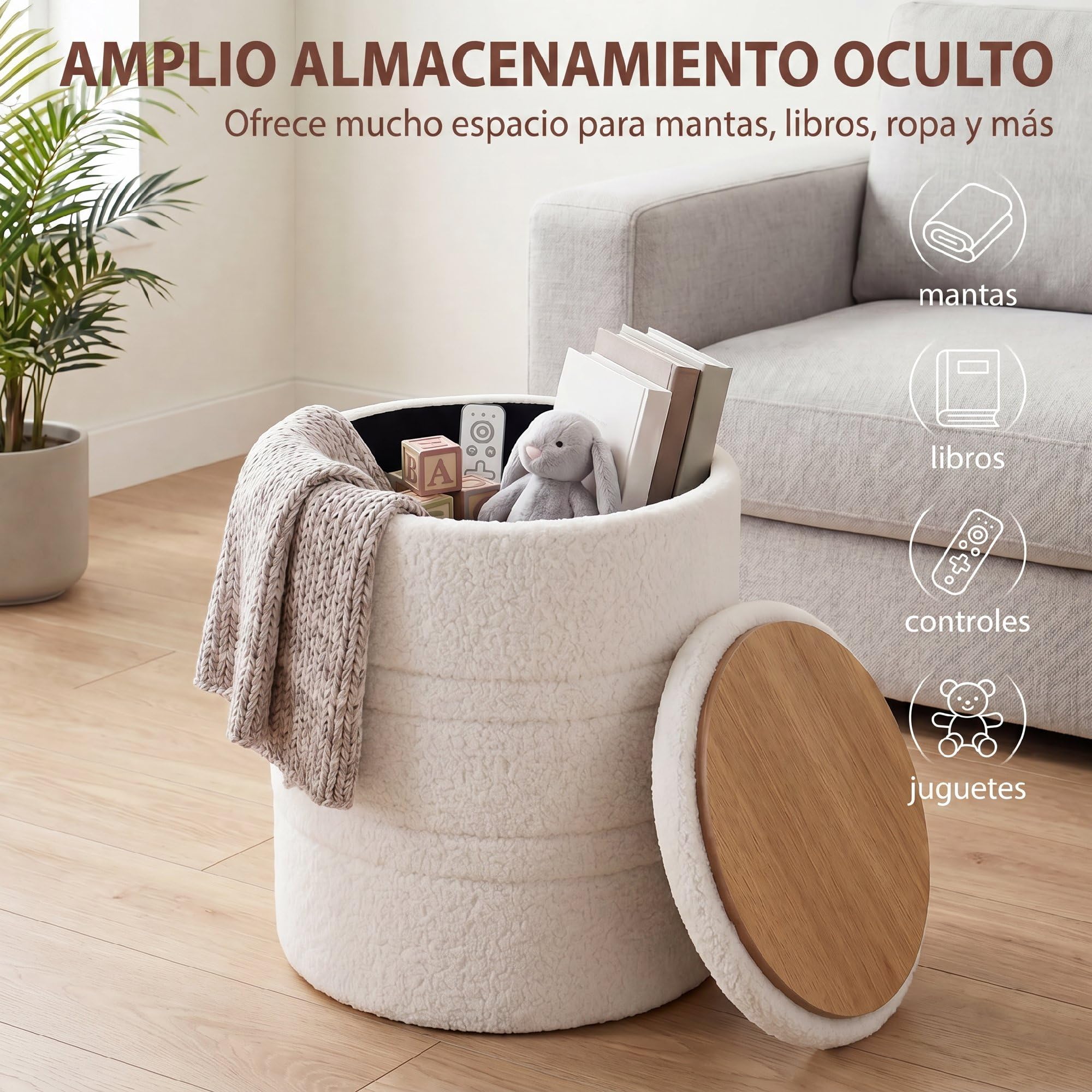 HOMCOM Puff Almacenaje Banco Almacenaje 33 L Redondo Ø36,5x46,5 cm Blanco | Baúl de Almacenamiento con Tapa, Tapizado en Borreguito, Carga 120 kg, Taburete para Salón, Dormitorio o Recibidor