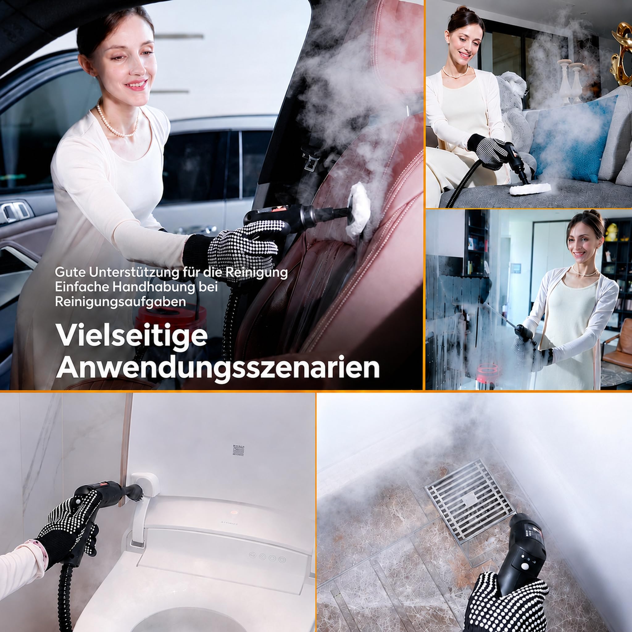 Dampfreiniger Handgerät, Tragbarer Hochdruck Dampfreiniger für Zuhause & Auto, 3-Stufiger Griff, 15 Sekunden Aufheizzeit, 1,6 L Wassertank, Steam Cleaner für Fenster, Küche, Bad, Polster, BBQ