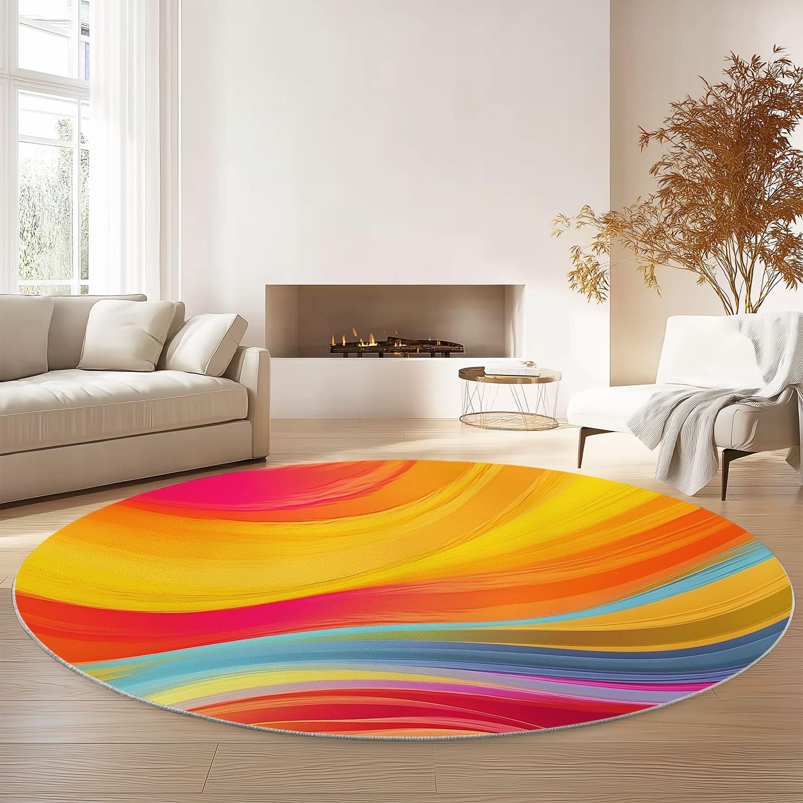 Generico Tappeto rotondo lavabile Colorato - Astratto Arcobaleno Onde Strisce Resistente interni Tappeti per Bambini Cameretta balcone sala da pranzo terrazza, 150 cm Antiscivolo Tappetino