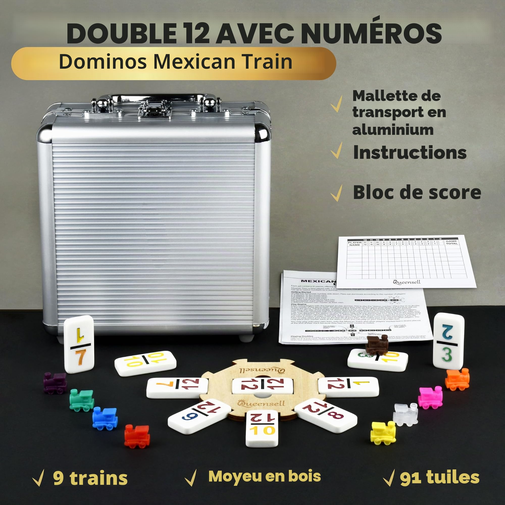 Queensell Jeu de Dominos Train Mexicain avec Chiffres, Jeu de Dominos Double 12 pour Adultes, Train de Domino Mexicain pour Adultes et Famille – Jeu de Dominos 91 Pièces avec Étui en Aluminium