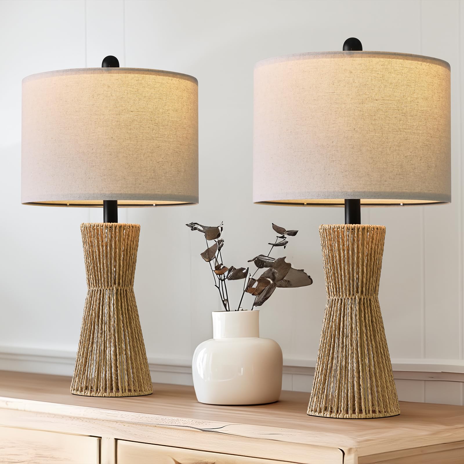 OYEARS 22.5" Table Lamps for Living Room,Boho Lamps Set of 2 for Bedrooms, Bedside Lamp for Nightstands, Rattan Lamp, Farmhouse Table Lamp for Room Decor, End Table, Retro, Brown?Not Include Bulbs?