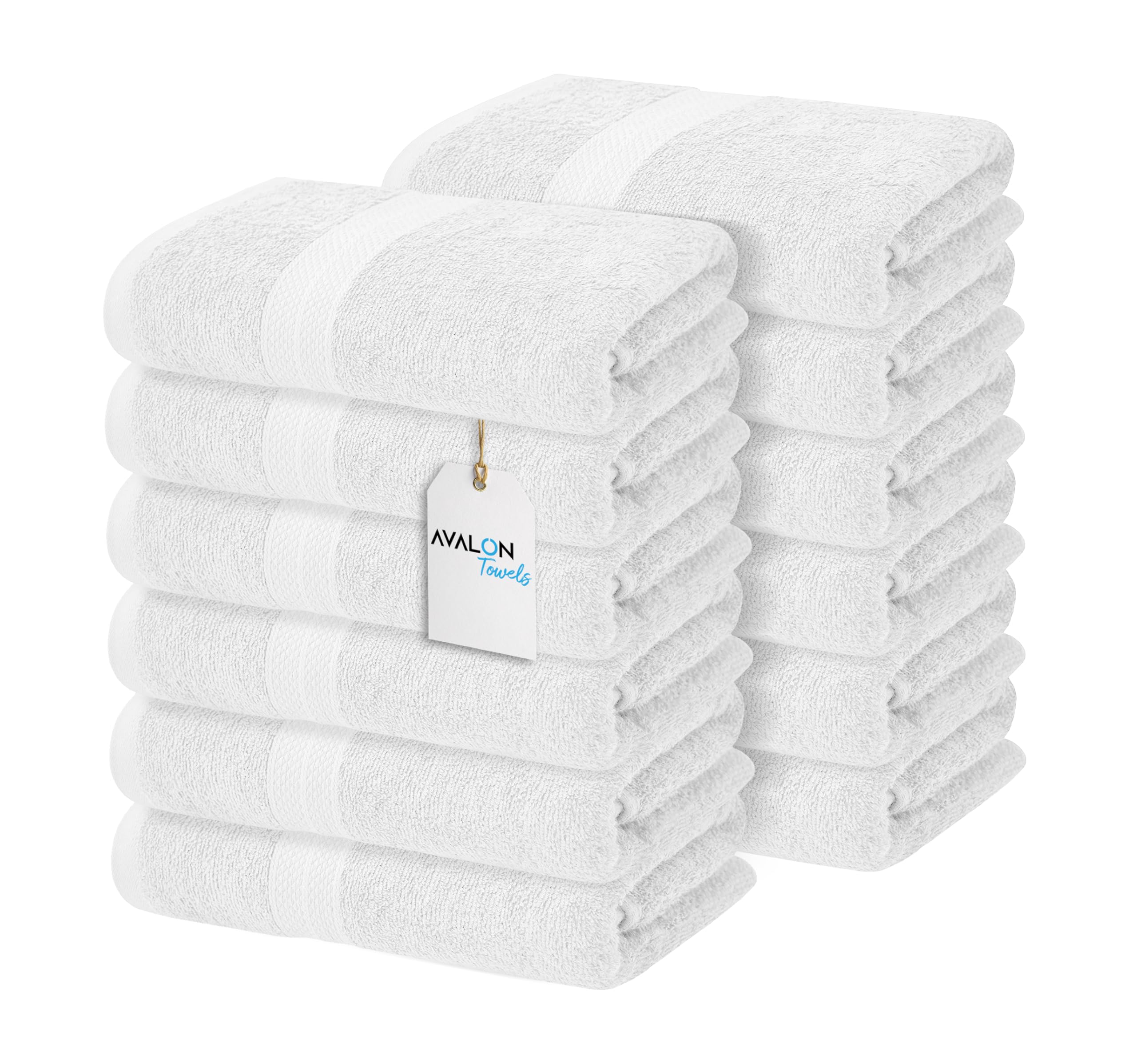 Avalon Towels Juego de 12 toallas de baño para baño, 100 % algodón, color blanco, 22 x 44 pulgadas, juego de toallas de baño de secado rápido, pequeñas, ligeras y absorbentes, perfectas para gimnasio