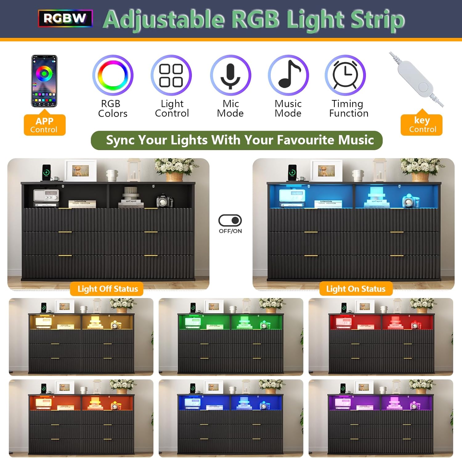 Fluted 6 Drawer Dresser with LED Lights, Modern Black Chest of Drawers with Power Outlet & Curved Top, Wood Dresser TV Stand, Black Double Dresser for Bedroom, Living Room, Hallway