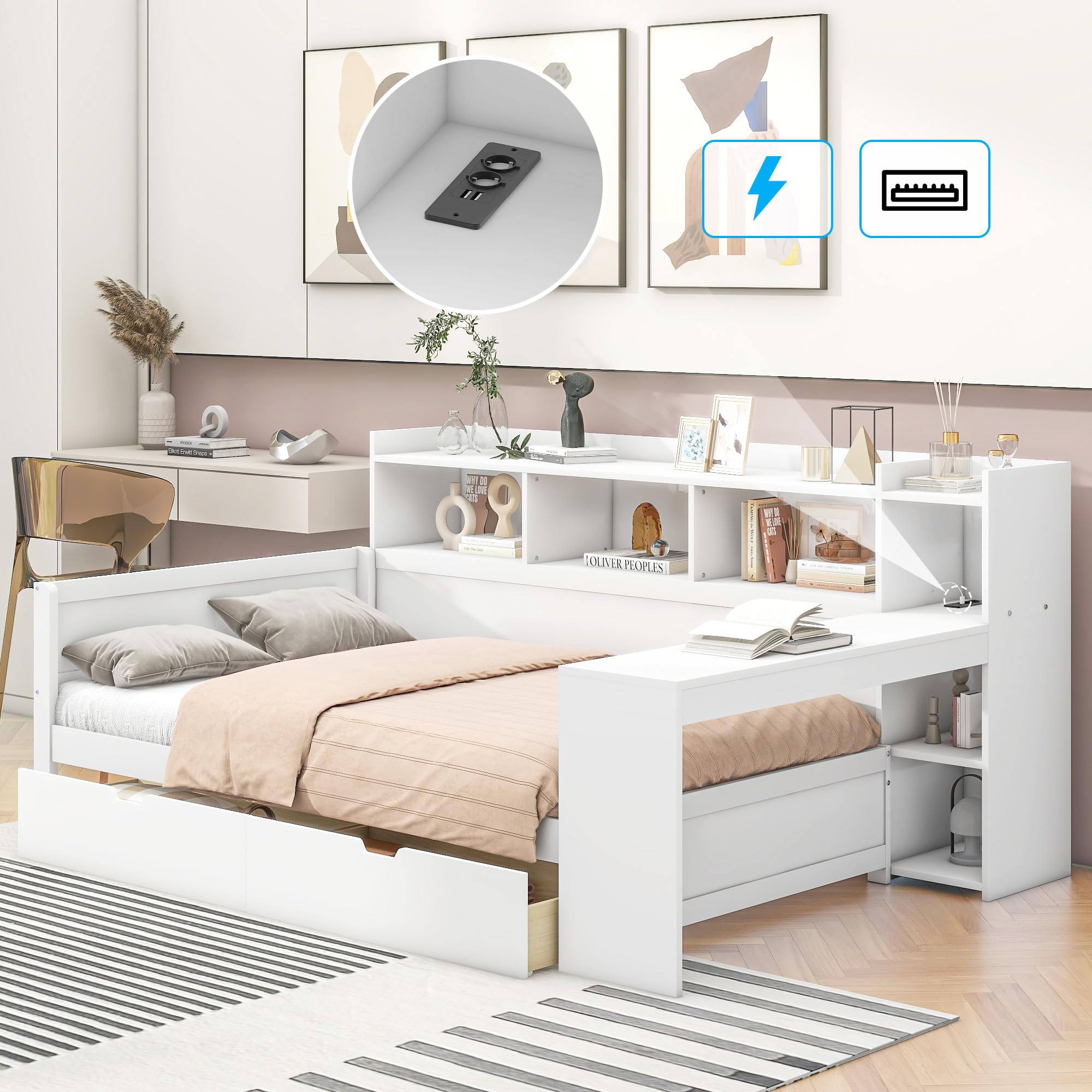 Moimhear Gestoffeerd bed, eenpersoonsbed met laden, opbergbed, fluweel, dagbed, slaapbank met lattenbodem, jeugdbed en volwassenen, kinderbed, roze (zonder matras) (90x200