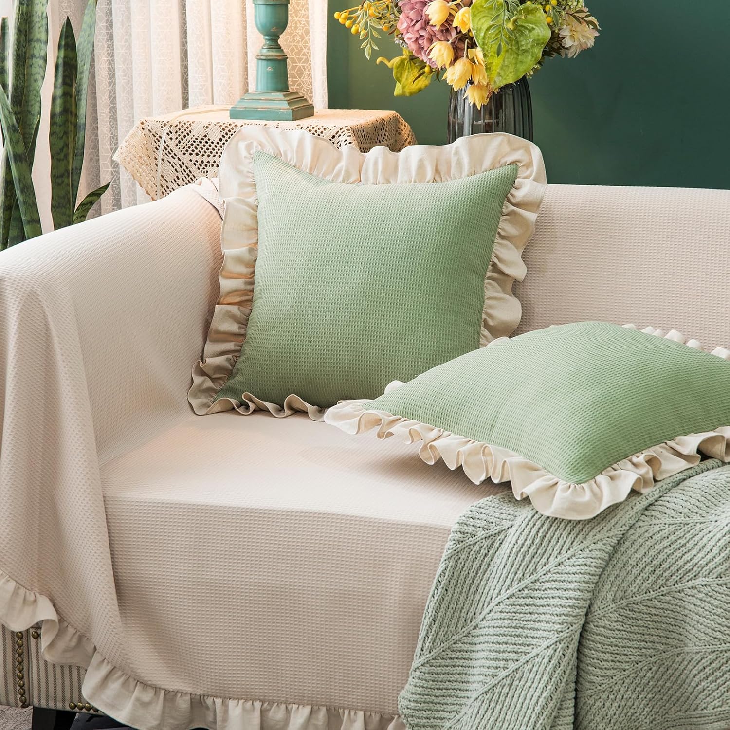 Waffle Weave Textured Throw Pillow Covers Set of 2 with Washed Cotton Retro Ruffle Flounces Trim Solid Decorative Pillow Cases for Home Livingroom and Bedroom Decor 18x18 Inch Pea Green - Image 5