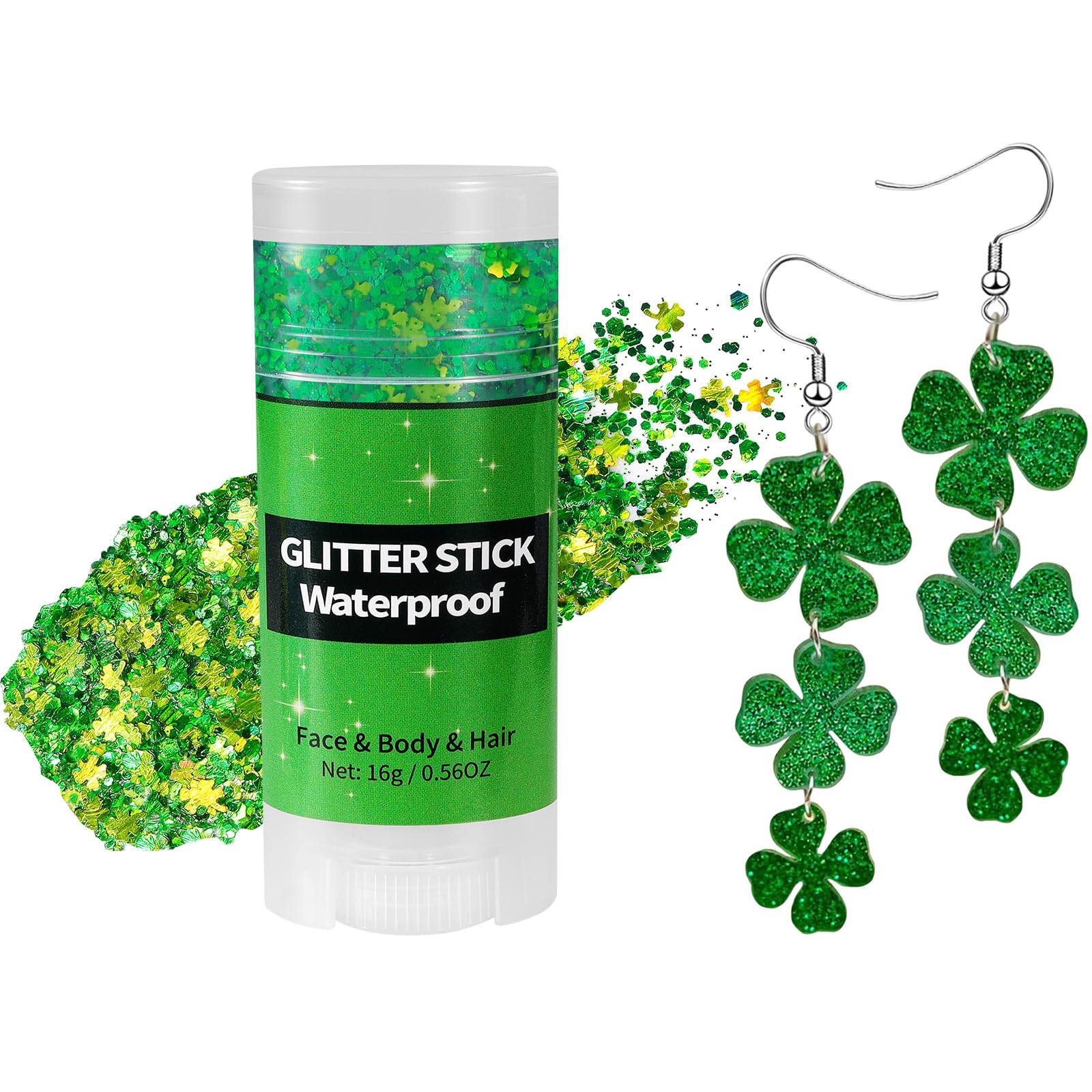 Mysense St Patricks Day Accessories,Shamrock Dangle Earrings,Green Face Hair Body Glitter Stick,Irish Festival Accessories for Saint Patrick’s Day Outfit Women Girls