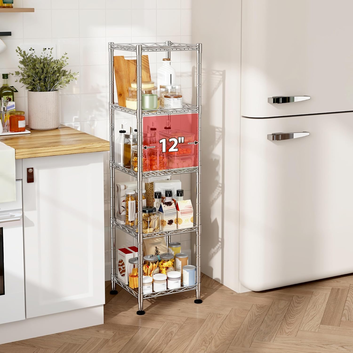 DurayLoly 5 Shelf-Wire Shelving Metal Shelves Storage Rack:Adjustable Storage Shelves Standing Shelf Units and Narrow Shelf for Laundry Bathroom Kitchen Pantry Closet Office 12''Wx12''Dx49''H Chrome