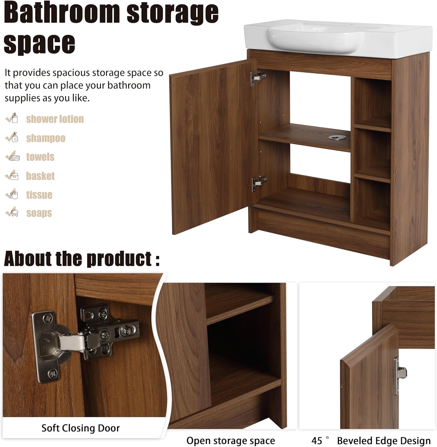 28" Bathroom Vanity with Ceramic Sink, 28 Inch Modern Freestanding Single Sink Bathroom Vanity Combo, Brown Floor Stand Storage Cabinet Set with Open Shelves
