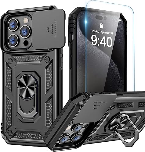 Goton Funda para iPhone 15 Pro con protector de pantalla - Funda protectora para cámara deslizante con soporte de anillo, resistente a los golpes y