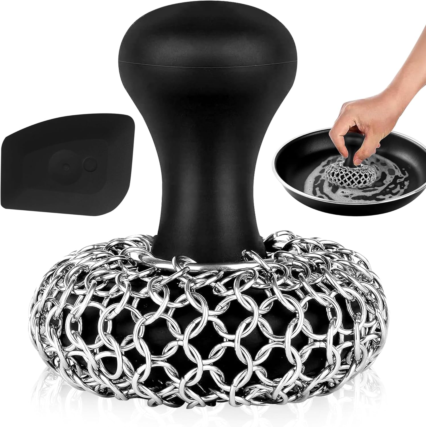 Zylark 316L Chainmail Scrubber Cleaner - Chain Mail Scrubber Cast Iron - Cast Iron Skillet Scrubber - Chain Scrubber with Long Handle