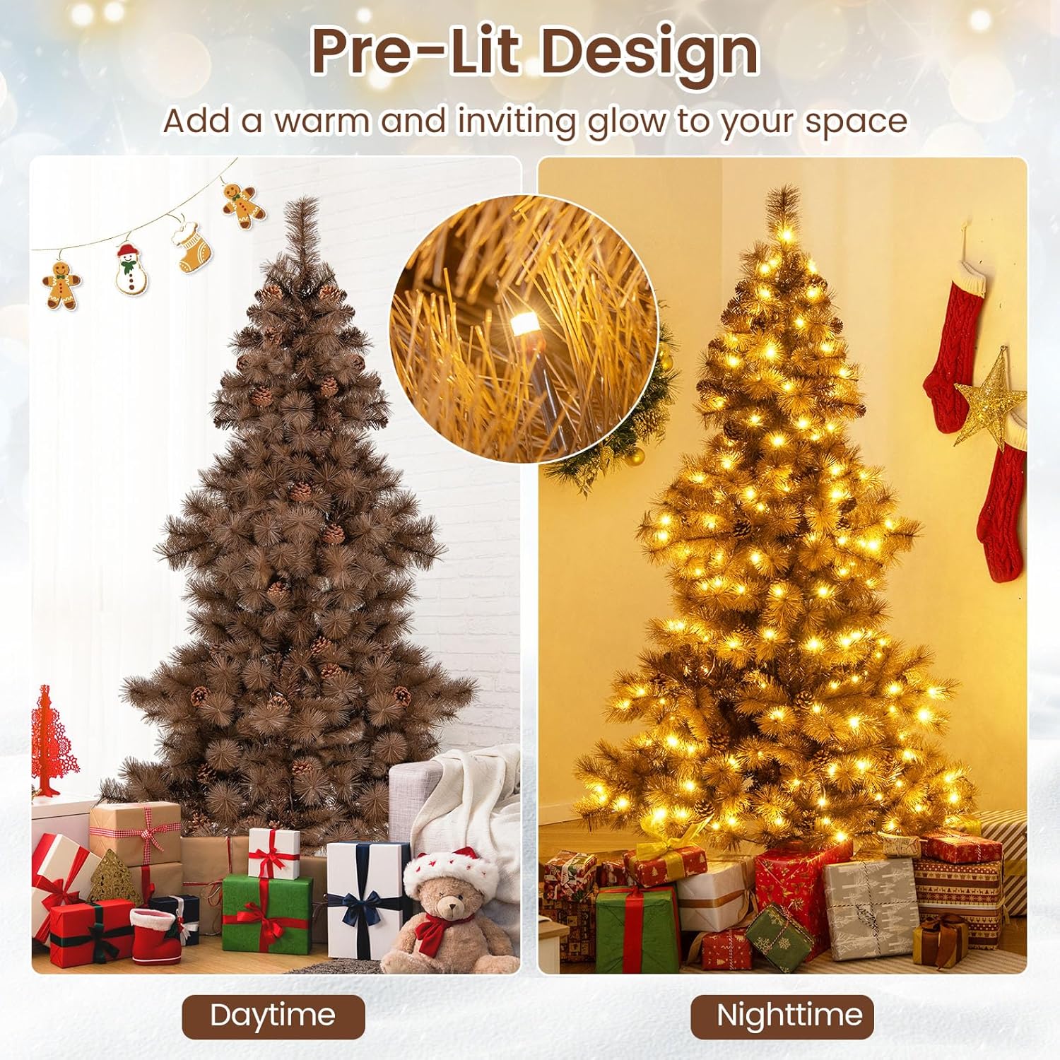 Goplus 6 FT Pre-Lit Artificial Christmas Tree, Hinged Chocolate-Color Xmas Tree with 493 Pine Needles & PVC Tips, 200 Warm White LED Lights, Pine Cones, Metal Stand, Home Office Decoration