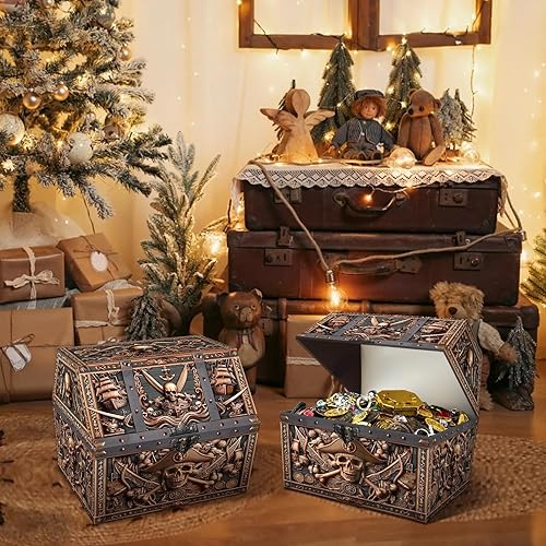 Miniatura 3 de PETCEE Caja del tesoro de calavera pirata, 9 x 9.3 x 8 pulgadas, gran cofre del tesoro pirata para el aula, caja de tesoros de Navidad, recompensas,