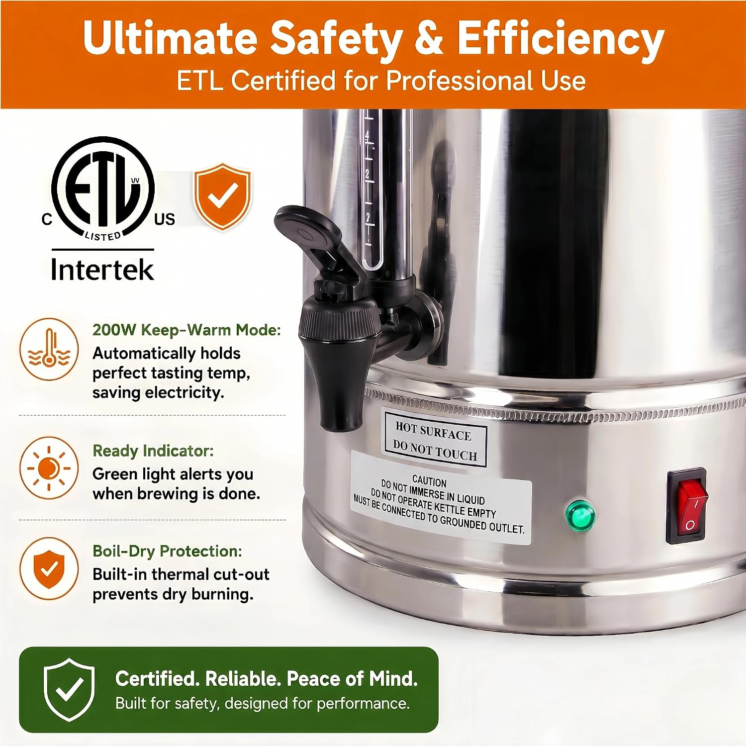 Commercial Coffee Urn, 40-Cup (6 Liters) Electric Coffee Percolator, Fast Brewing 1250W Large Coffee Maker with Stainless Steel Filter, ETL Certified Overheating Protection image 5